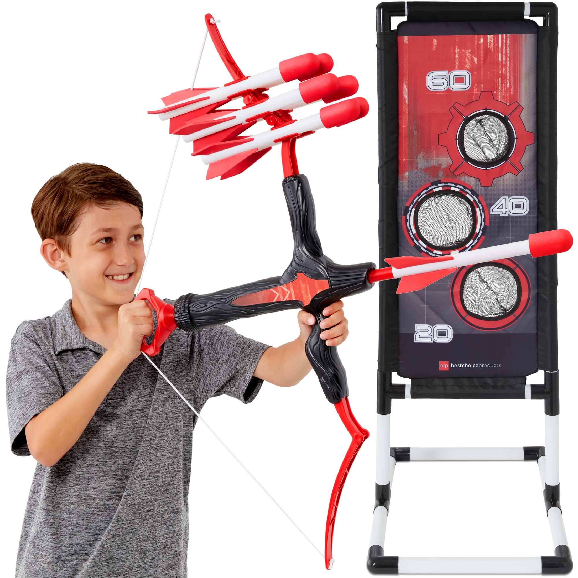 Toy Bow & Arrow Set, Childrens Play Archery Toy w/ Target Stand, 12 Arrows, Quiver - Red - Best Choice Products Online