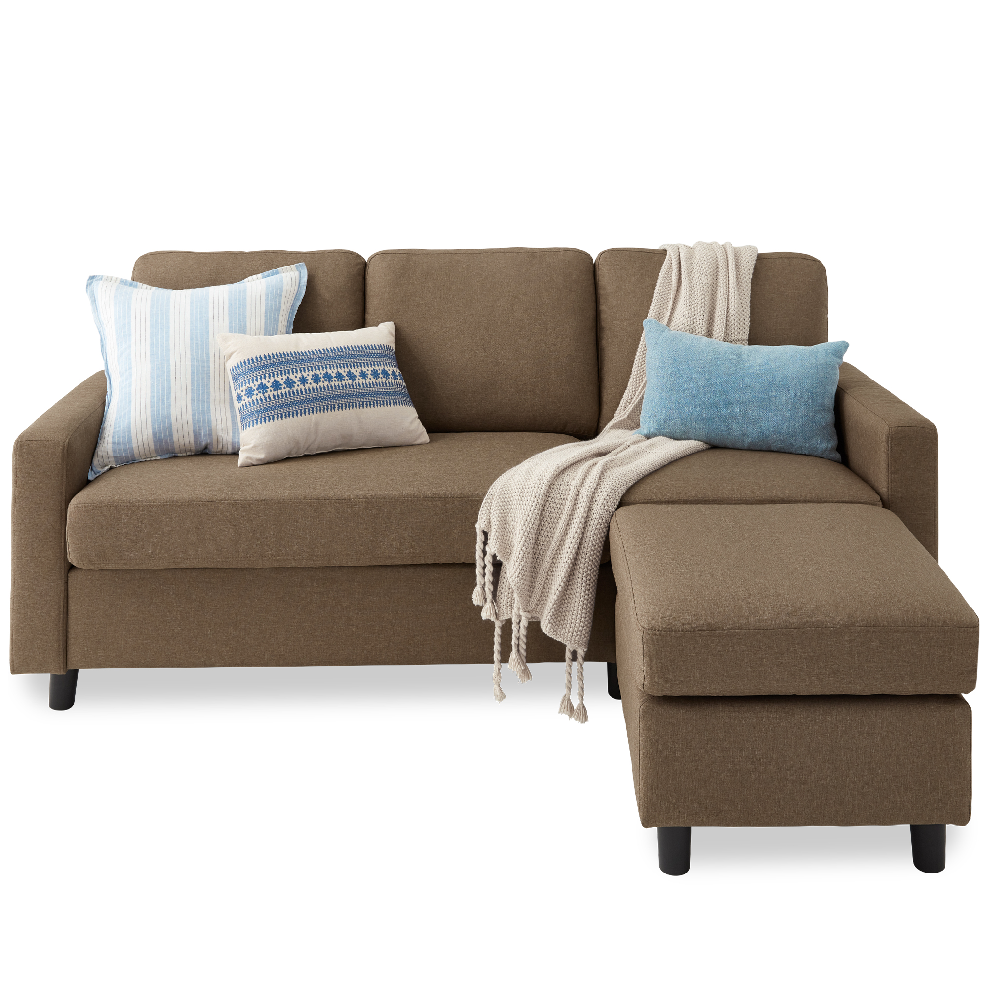 Upholstered Sectional Sofa Couch w/ Chaise Lounge, 3-Seat Design, Ottoman Bench - Brown - Best Choice Products Online