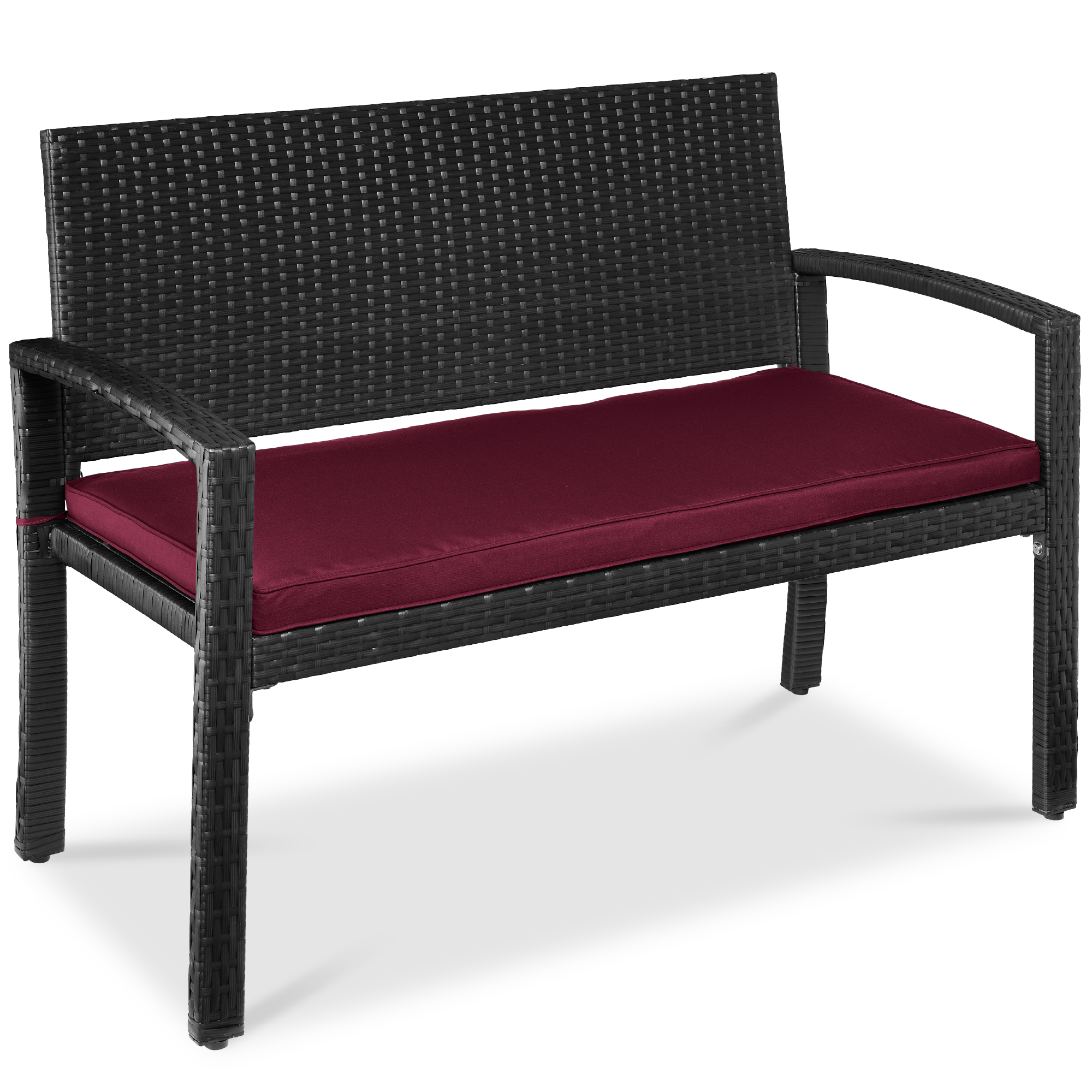 2-Person Wicker Bench, Outdoor Patio Garden Porch Furniture w/ 700lb Capacity, Cushion - Deep Burgundy/Black - Best Choice Products Online