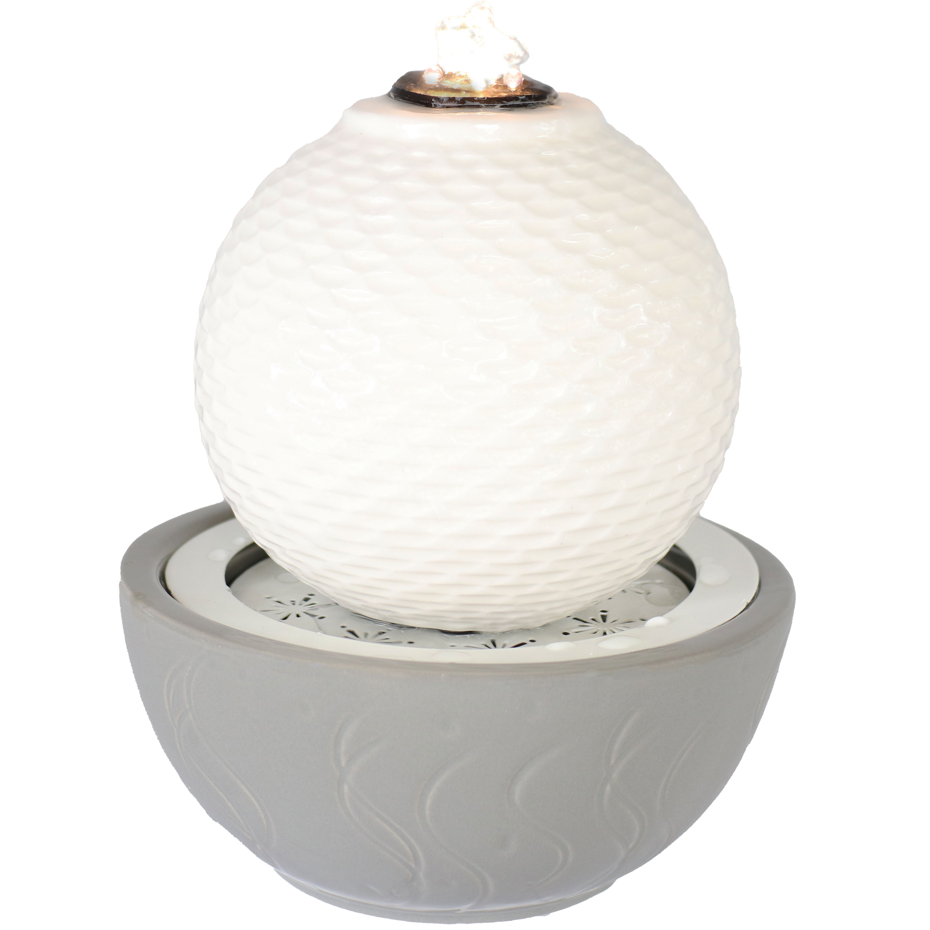 Patterned Sphere Indoor Tabletop Fountain - White and Gray