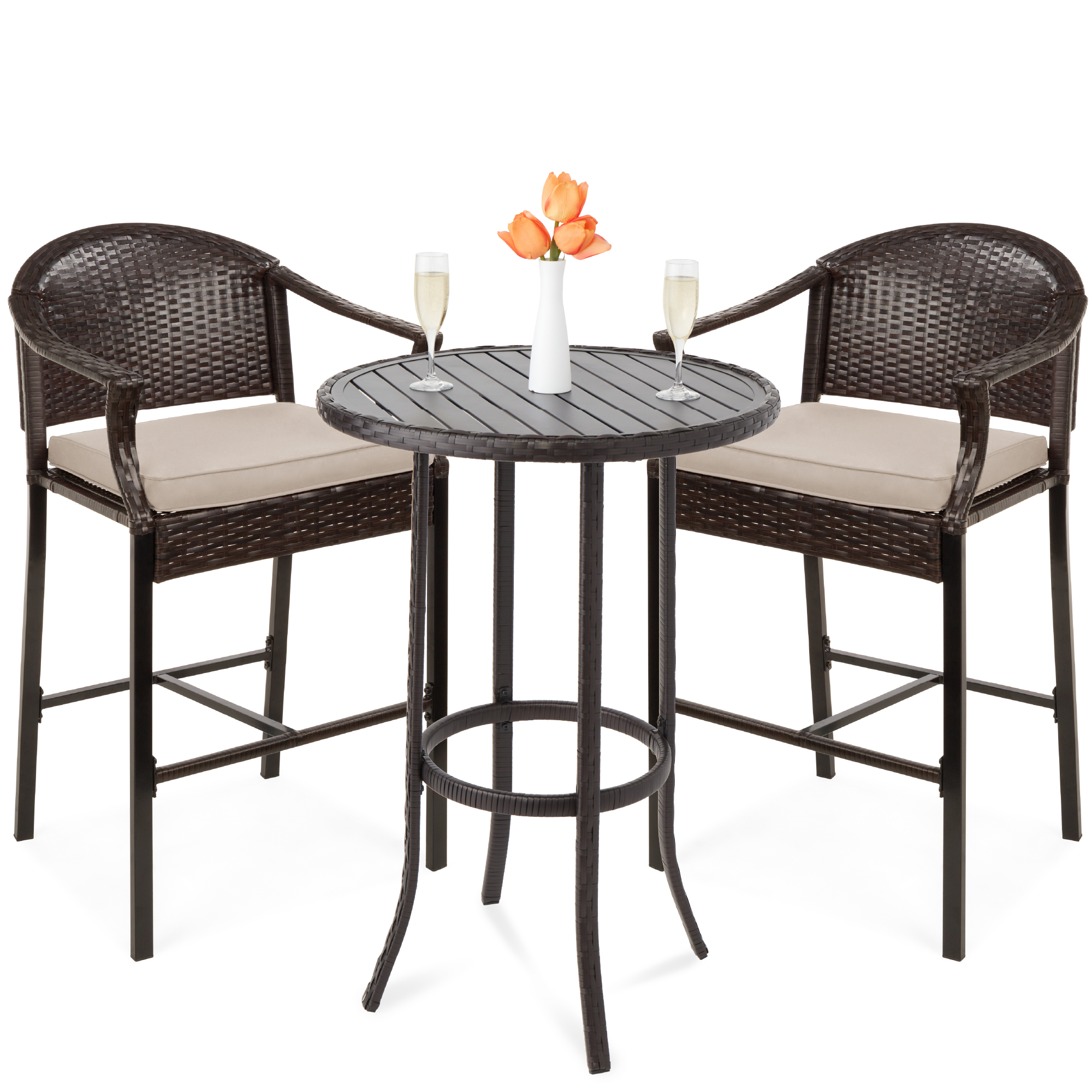 Outdoor Bistro Wicker Table Bar Set w/ 2 Bar Stools, Footrests, Steel Frame - Brown/Beige - Best Choice Products Online