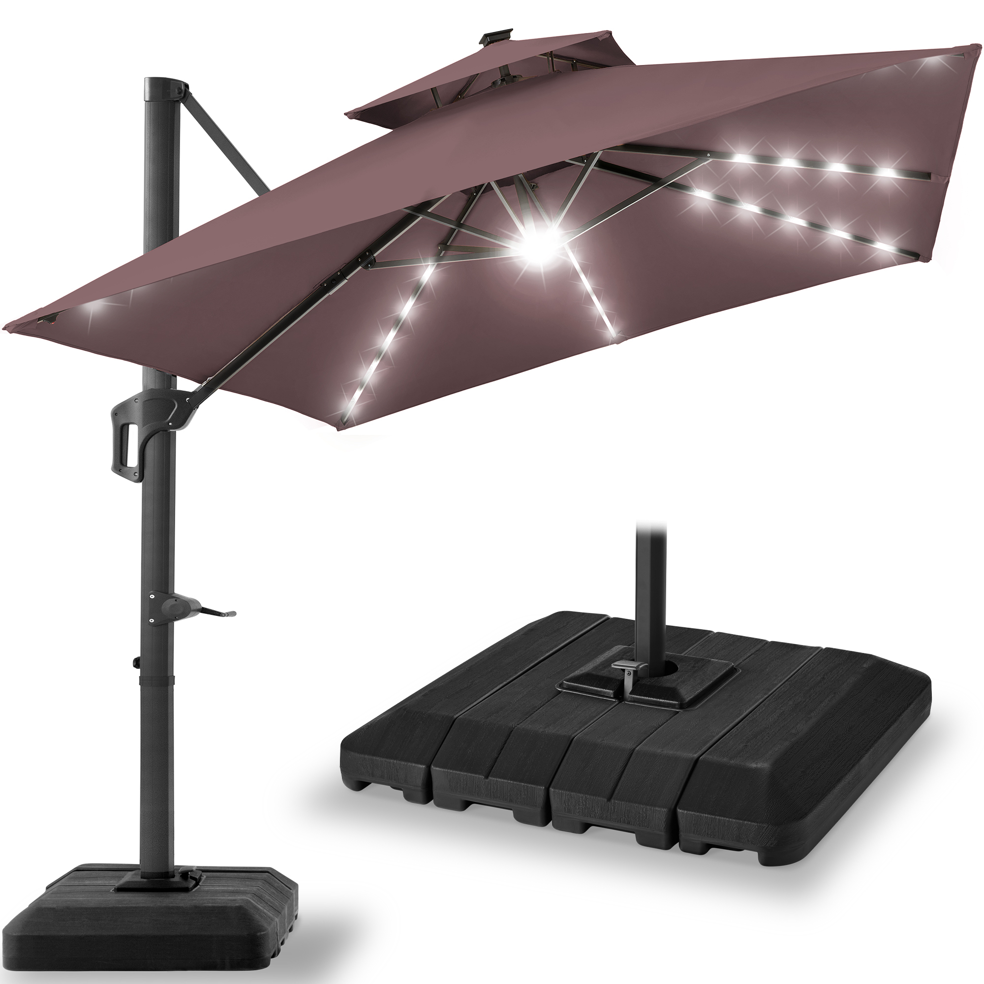 10ft 2-Tier Square Outdoor Solar LED Cantilever Patio Umbrella w/ Base Included - Deep Taupe - Best Choice Products Online