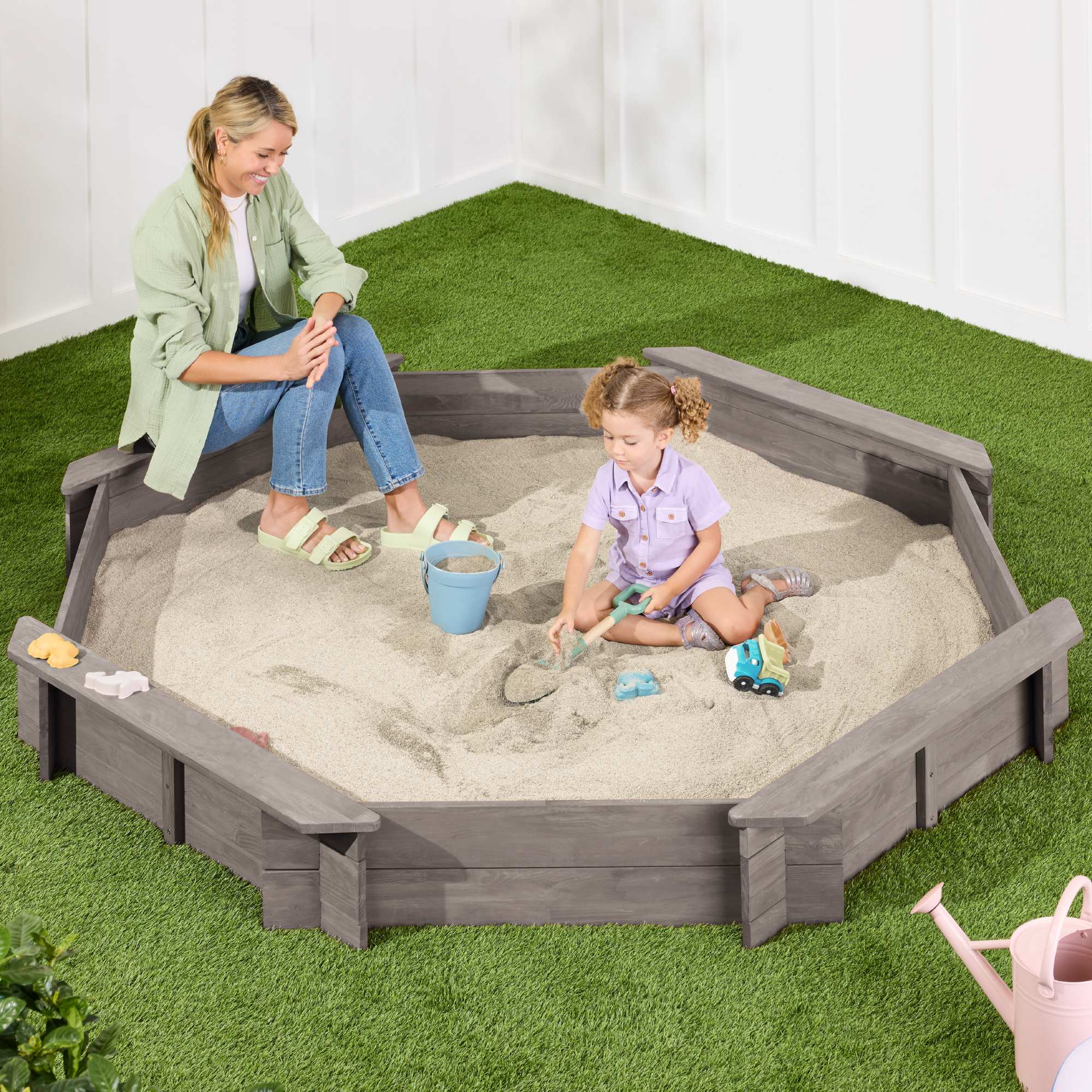 Kids Octagonal Wooden Outdoor Sandbox w/ Benches, 8 Seats, Cover, XL Sandpit, Liner - Gray - Best Choice Products Online