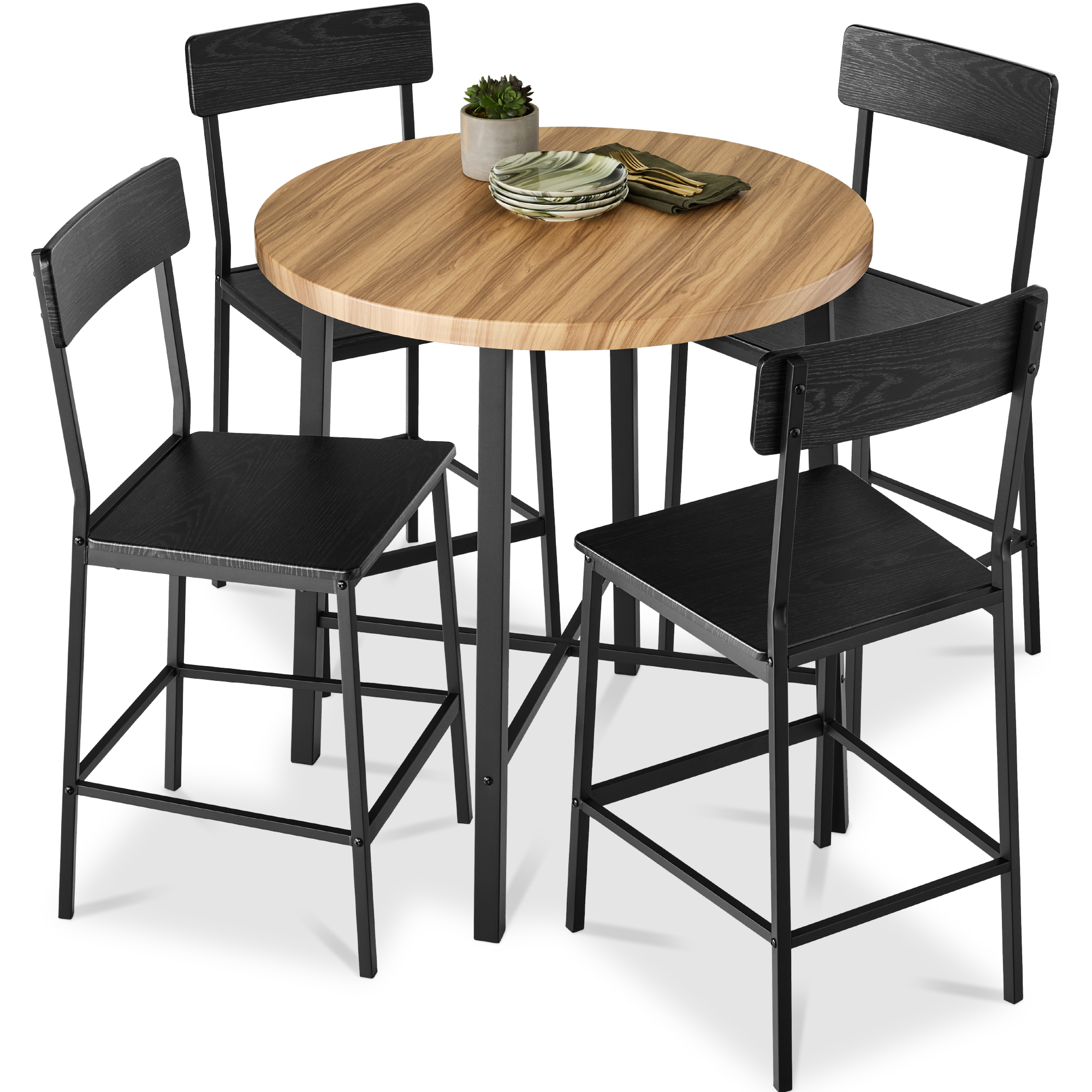 5-Piece Modern Round Counter Height Dining Set w/ 4 Chairs, 1.5in Thick Table - Light Brown/Black - Best Choice Products Online