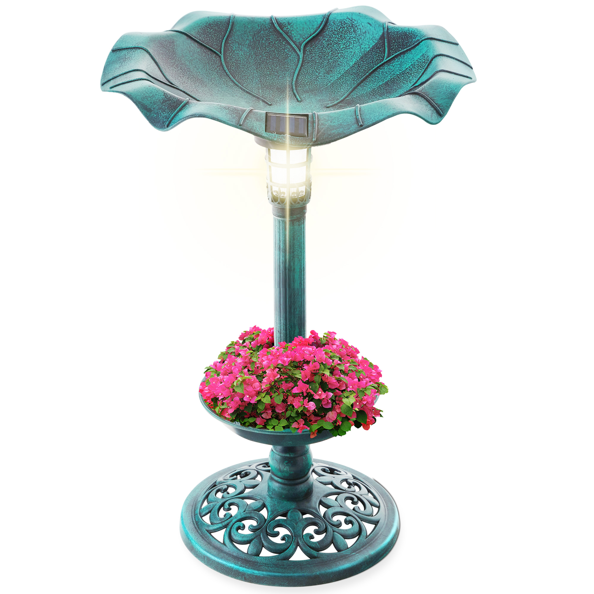 Solar Lighted Pedestal Bird Bath w/ Planter, Integrated Panel - Green | Best Choice Products Online
