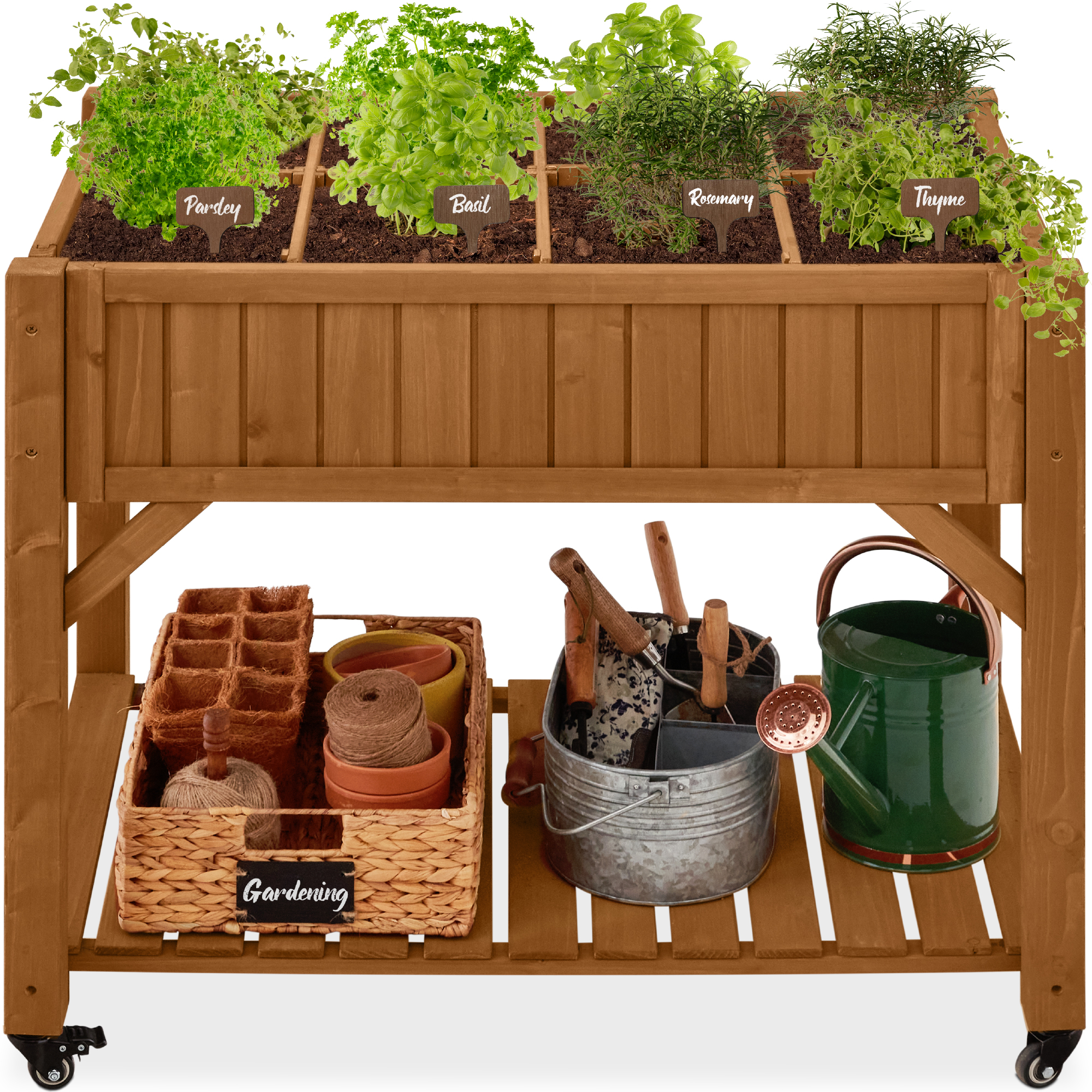 Elevated Mobile Pocket Herb Garden Bed Planter w/ Lockable Wheels, Storage Shelf - Acorn Brown - Best Choice Products Online