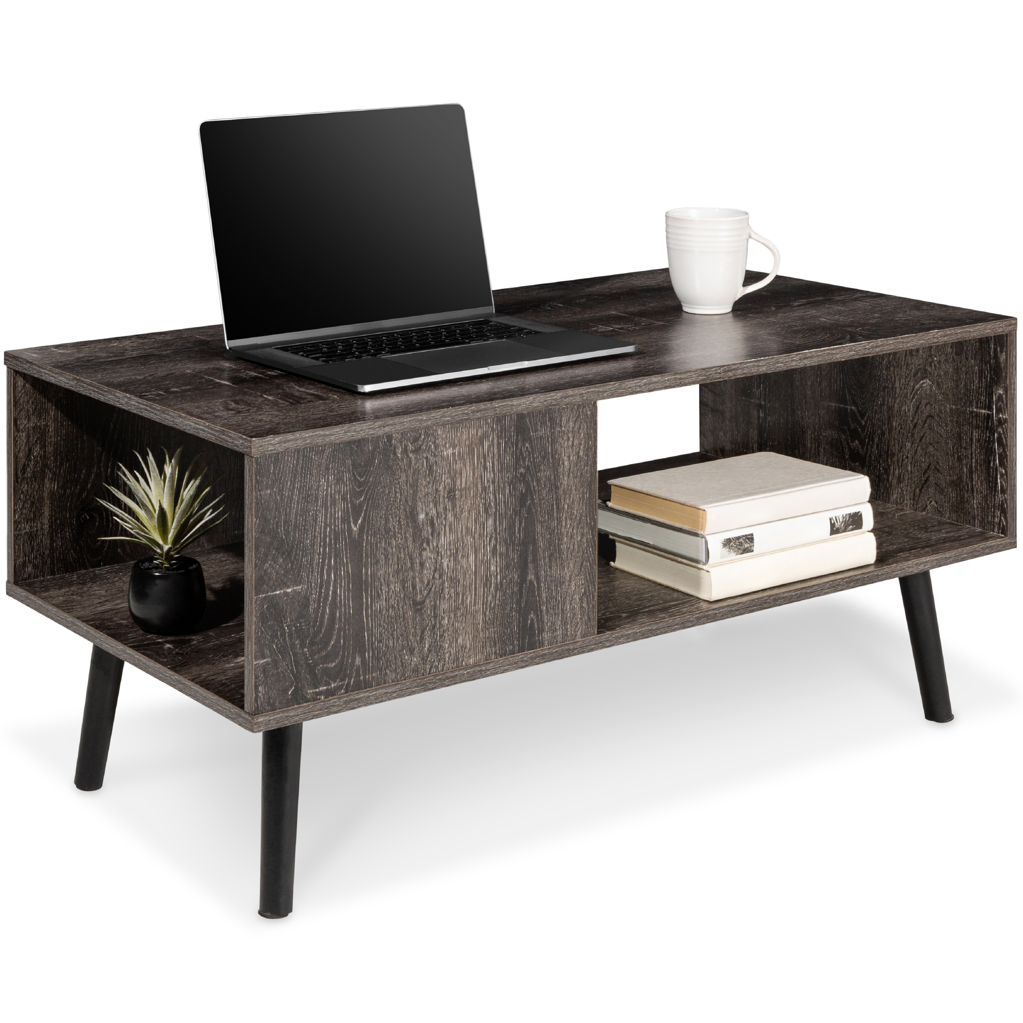 Coffee Accent Table & Versatile Entertainment Center, Wooden Mid-Century Modern Design w/ Open Storage Shelf - Black - Best Choice Products Online