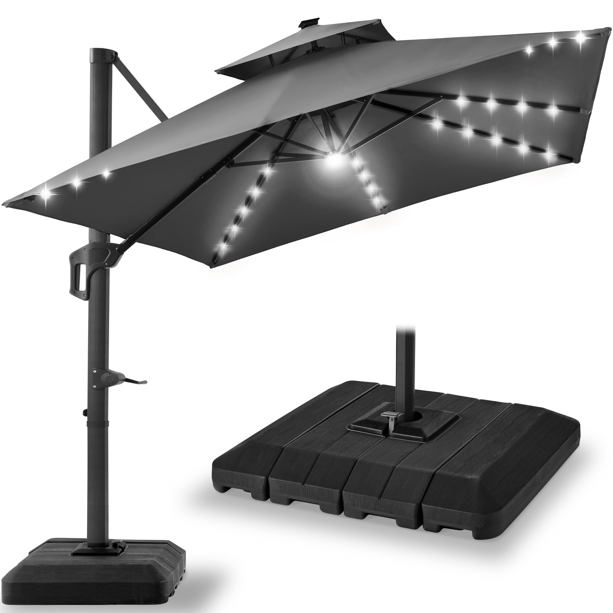 10ft 2-Tier Square Outdoor Solar LED Cantilever Patio Umbrella w/ Base Included - Gray - Best Choice Products Online