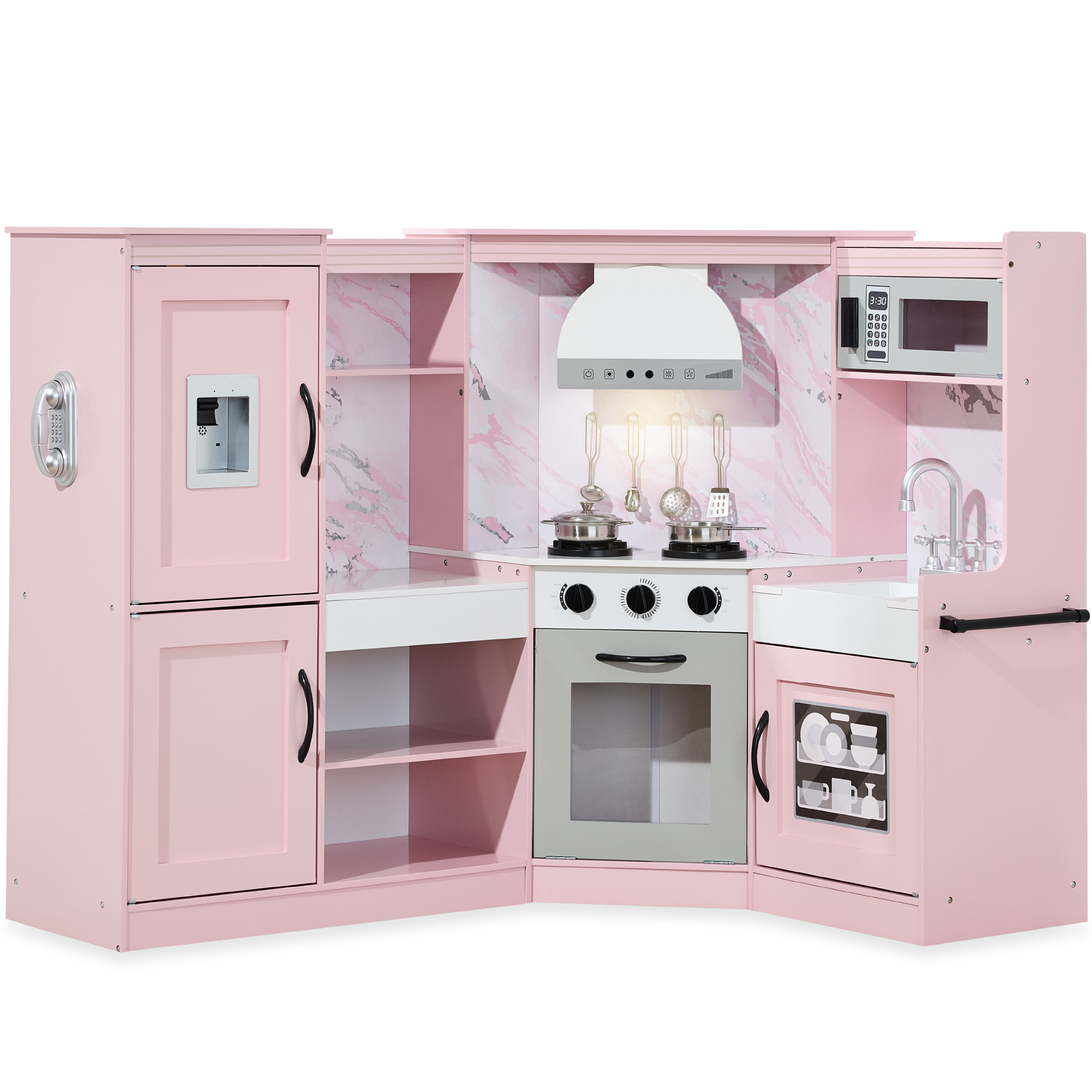 Pretend Play Corner Kitchen, Ultimate Wooden Toy Set For Kids w/ 6 Accessories - Pink - Best Choice Products Online