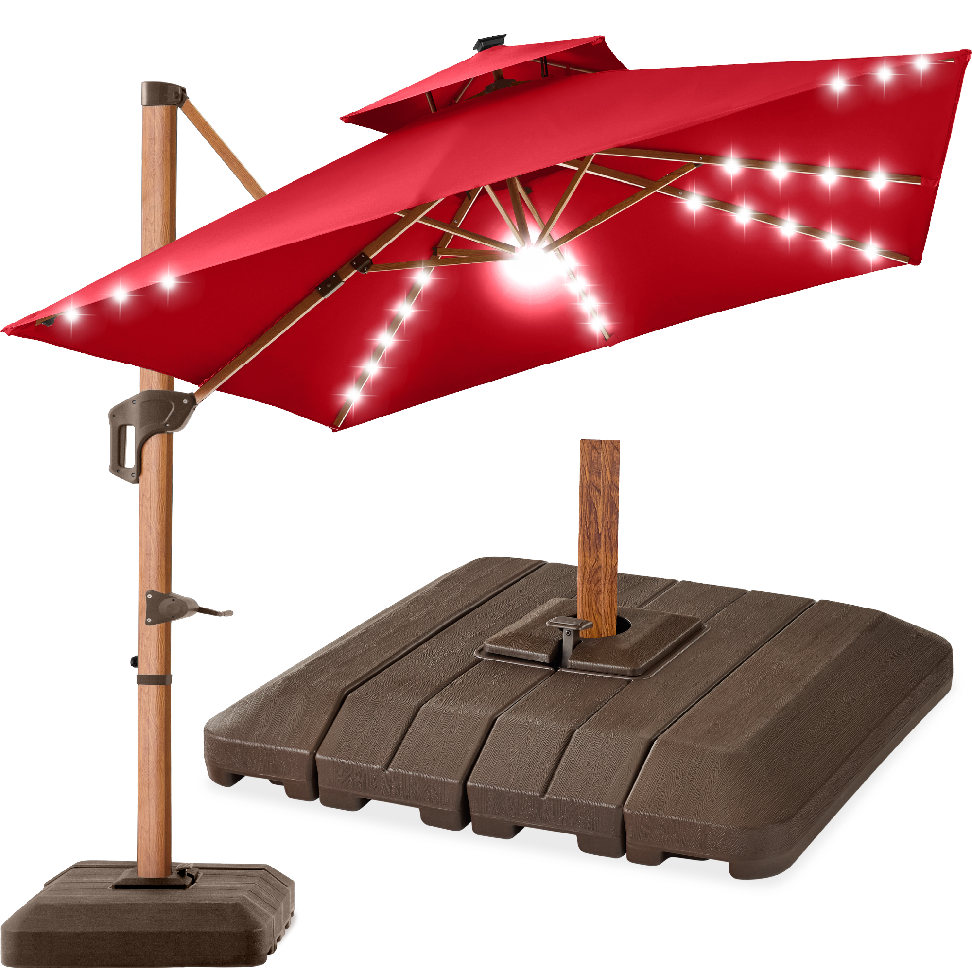 10ft Square Woodgrain Pattern 2-Tier Outdoor Solar LED Cantilever Umbrella w/ Base - Red - Best Choice Products Online