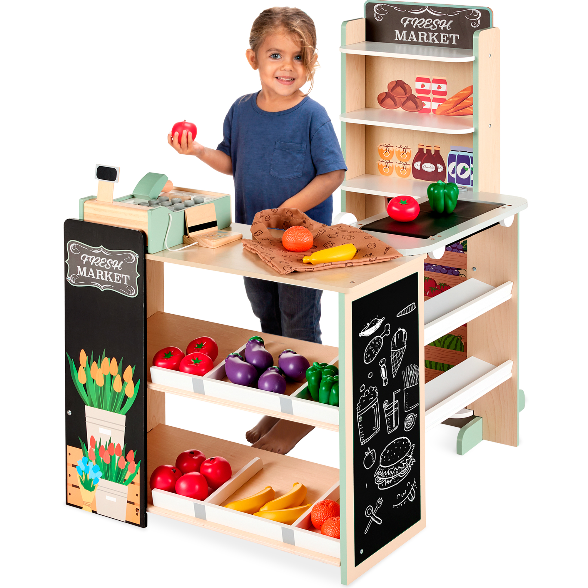 Kids Pretend Play Grocery Store Wooden Supermarket Set w/ Chalkboard, Cash Register - Natural - Best Choice Products Online
