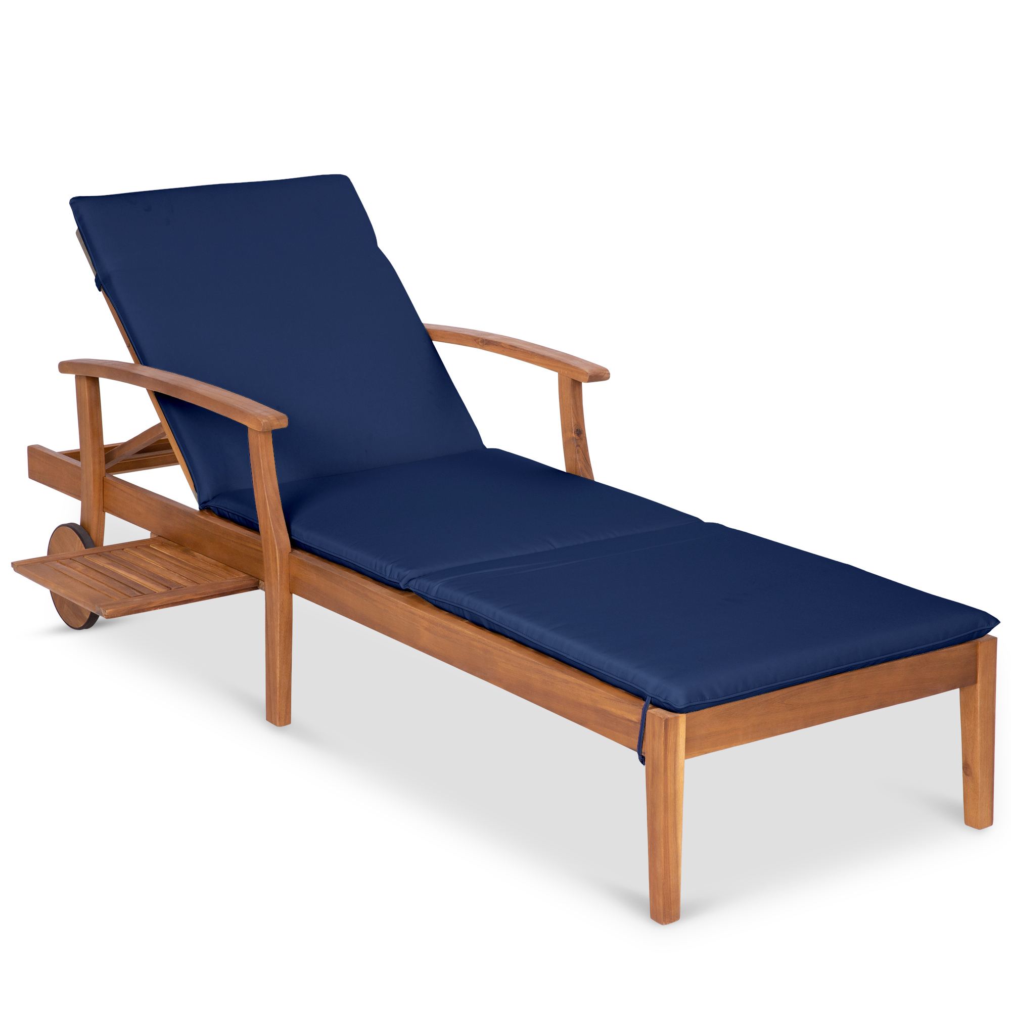 Acacia Wood Patio Chaise Lounge Chair w/ Adjustable Backrest, Table, Wheels - 79x26in - Navy Blue - Best Choice Products Online