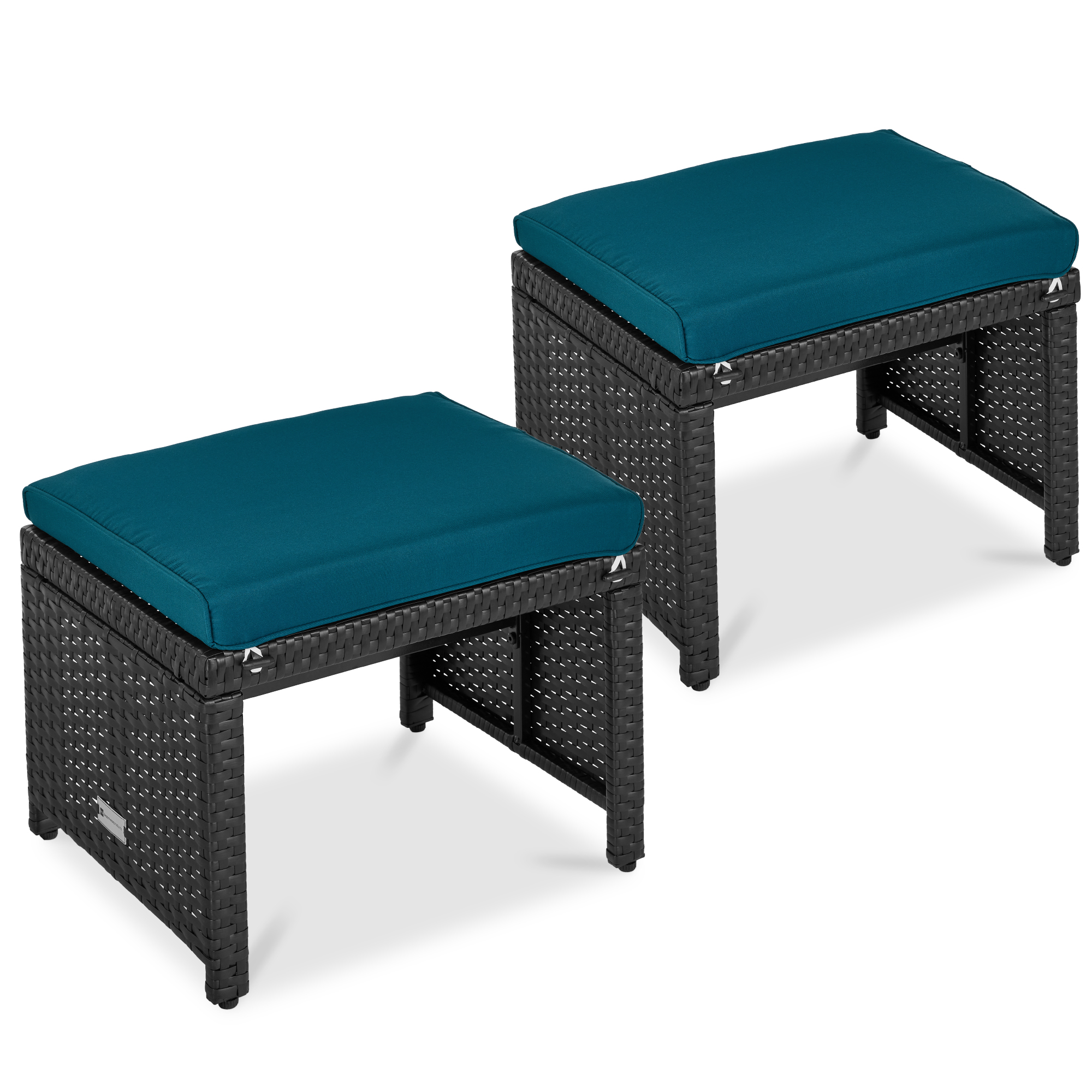Multipurpose Patio Wicker Ottomans w/ Removable Cushions, Steel Frame, Set of 2 - Peacock Blue/Black - Best Choice Products Online