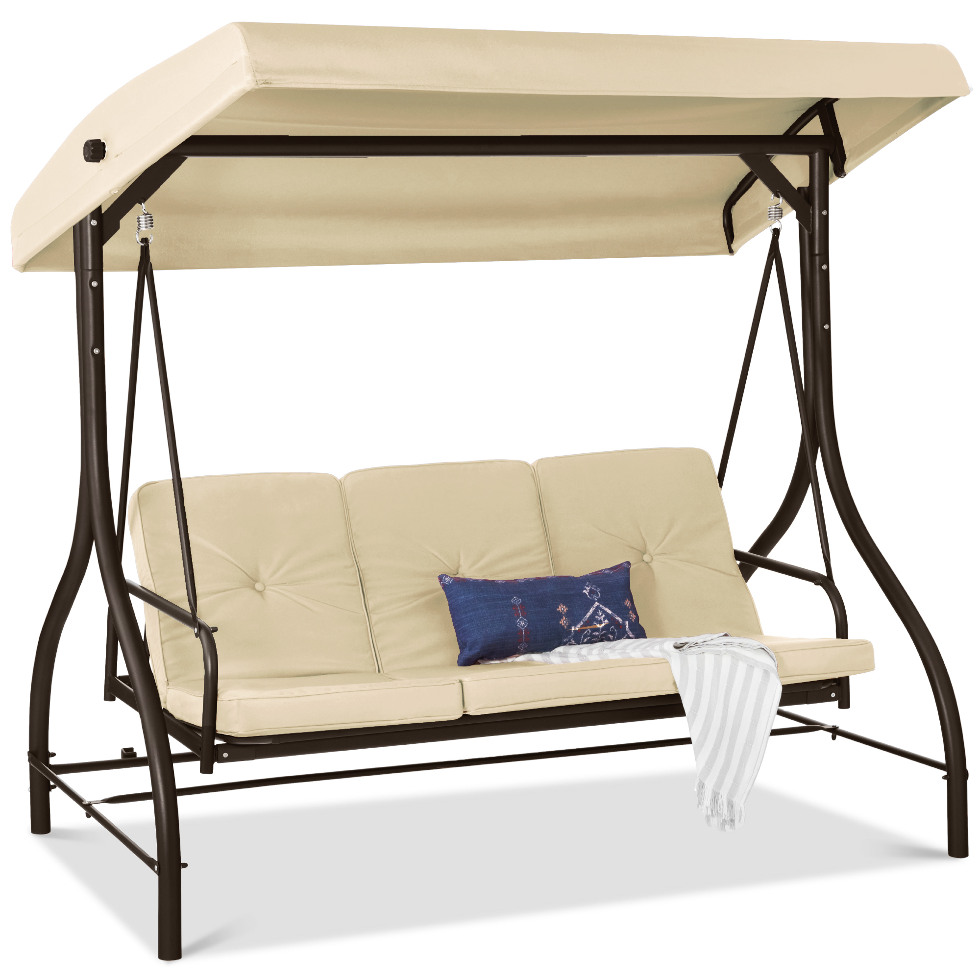3-Seat Outdoor Canopy Swing Glider Patio Hammock w/ Converting Flatbed Backrest, Removable Cushions - Ivory - Best Choice Products Online