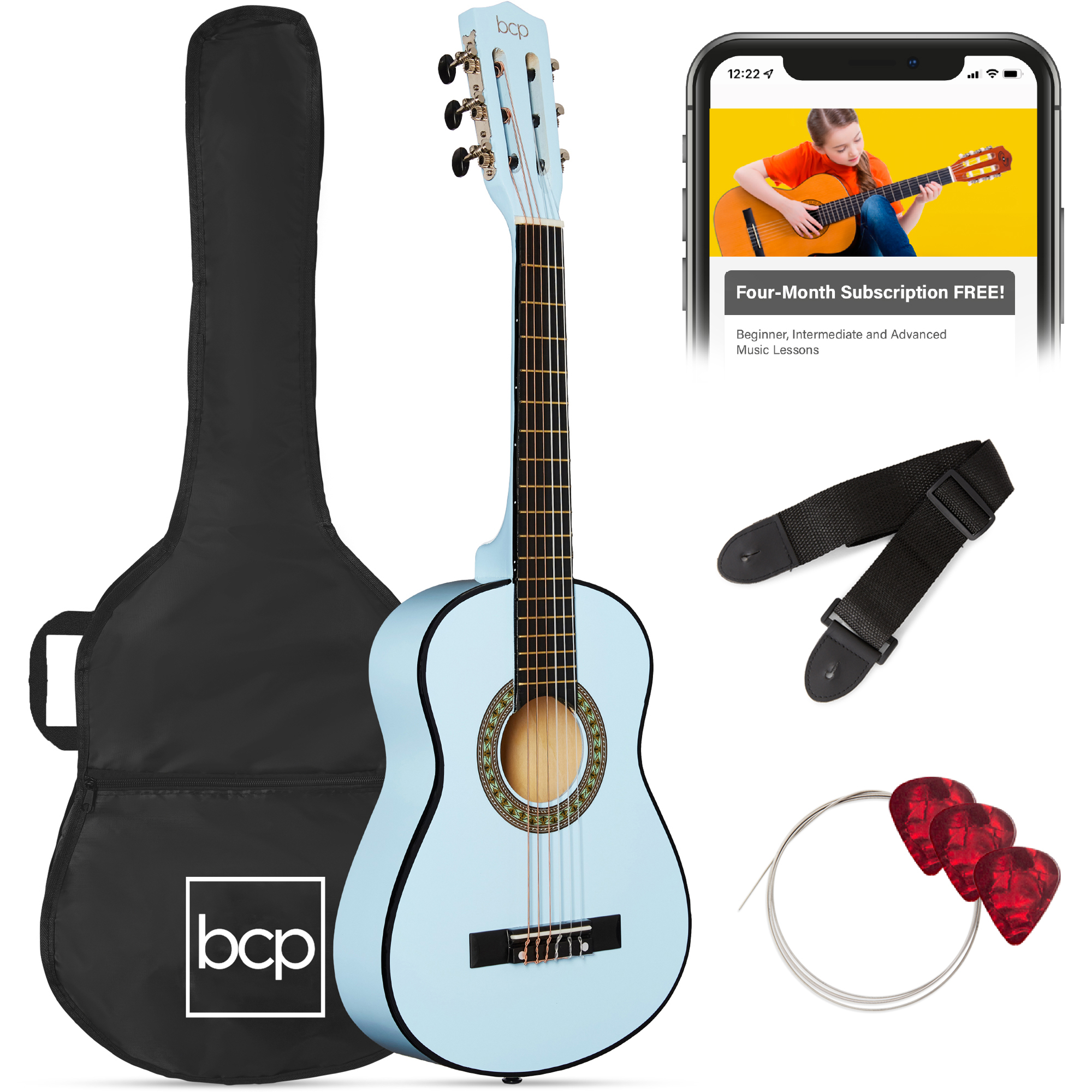 30in Kids Classical Acoustic Guitar Beginner Starter Kit w/ Tuner, Strap, Case, Strings - Light Blue - Best Choice Products Online