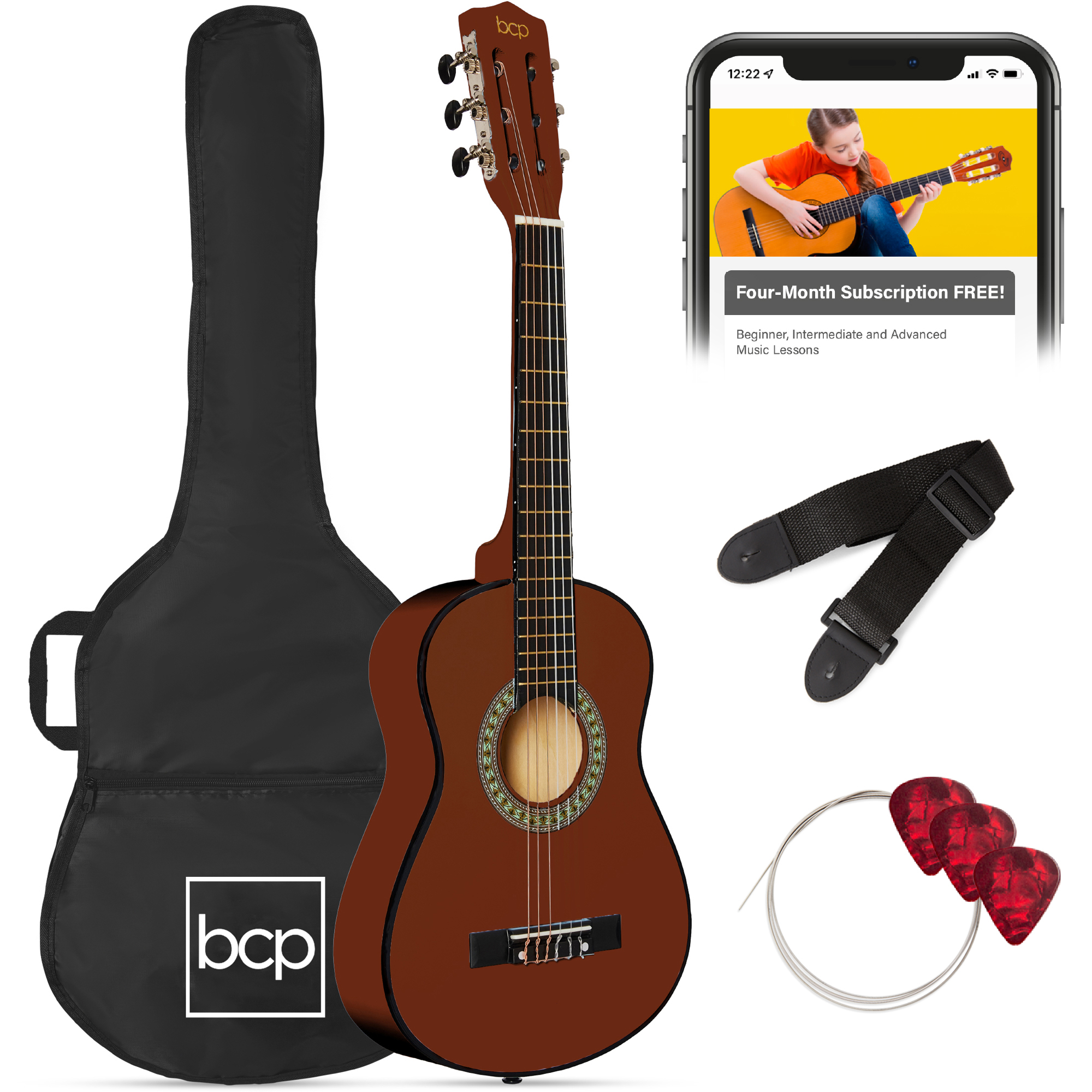 30in Kids Classical Acoustic Guitar Beginner Starter Kit w/ Tuner, Strap, Case, Strings - Mahogany Stain - Best Choice Products Online