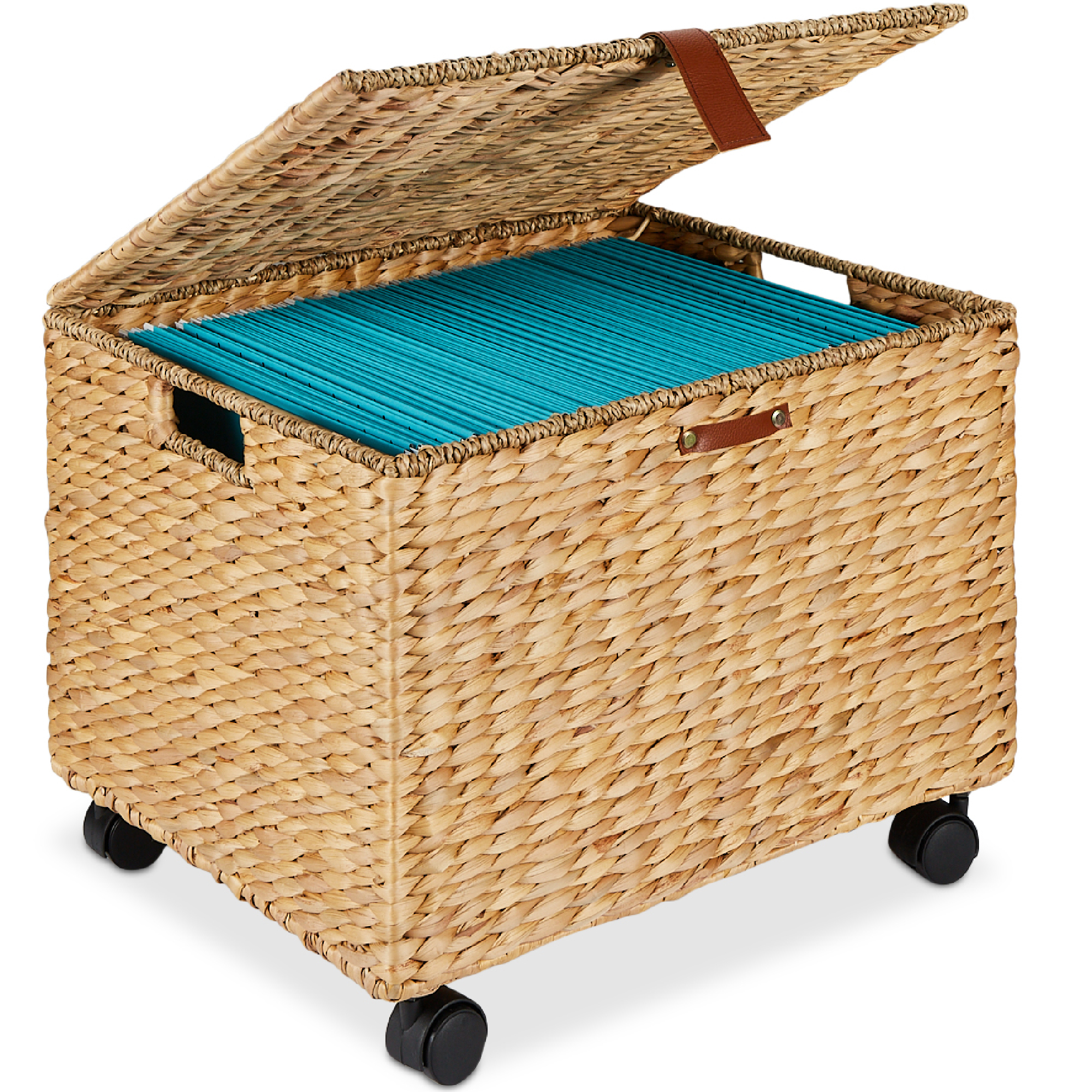 Hyacinth Rolling Filing Cabinet Mobile Organizer Storage Basket w/ Lid, Locking Wheels - Natural | Best Choice Products Online