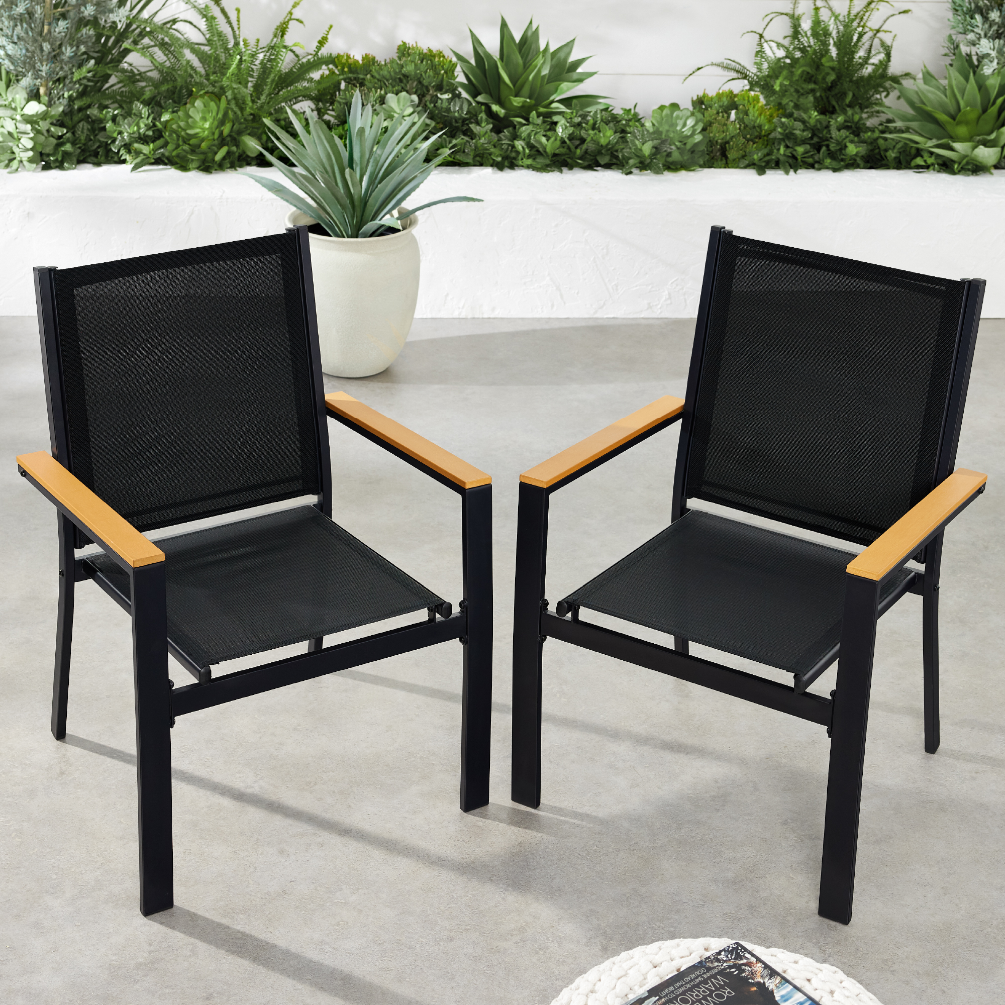 Set of 2 Stackable Textilene Chairs w/ Armrests, Dining Accent Furniture - Black/Black - Best Choice Products Online