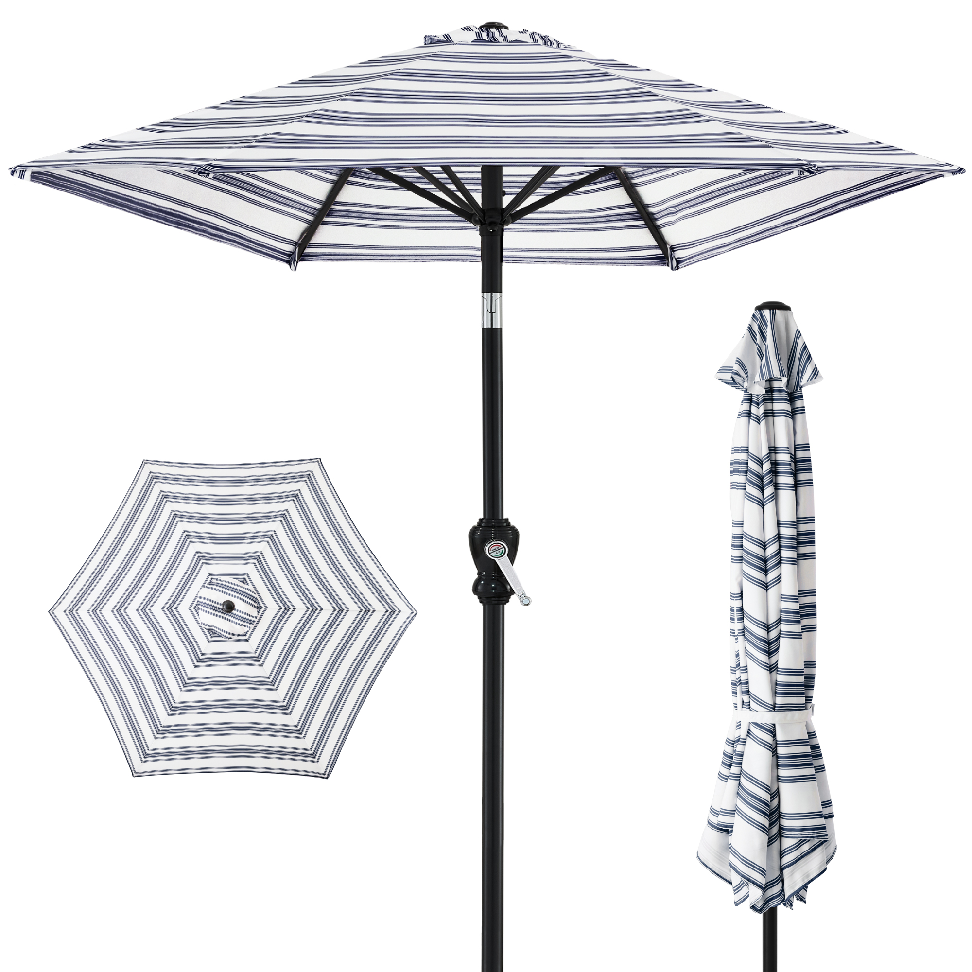 10ft Outdoor Steel Market Patio Umbrella w/ Crank, Tilt Push Button, 6 Ribs - Striped Navy Blue - Best Choice Products Online