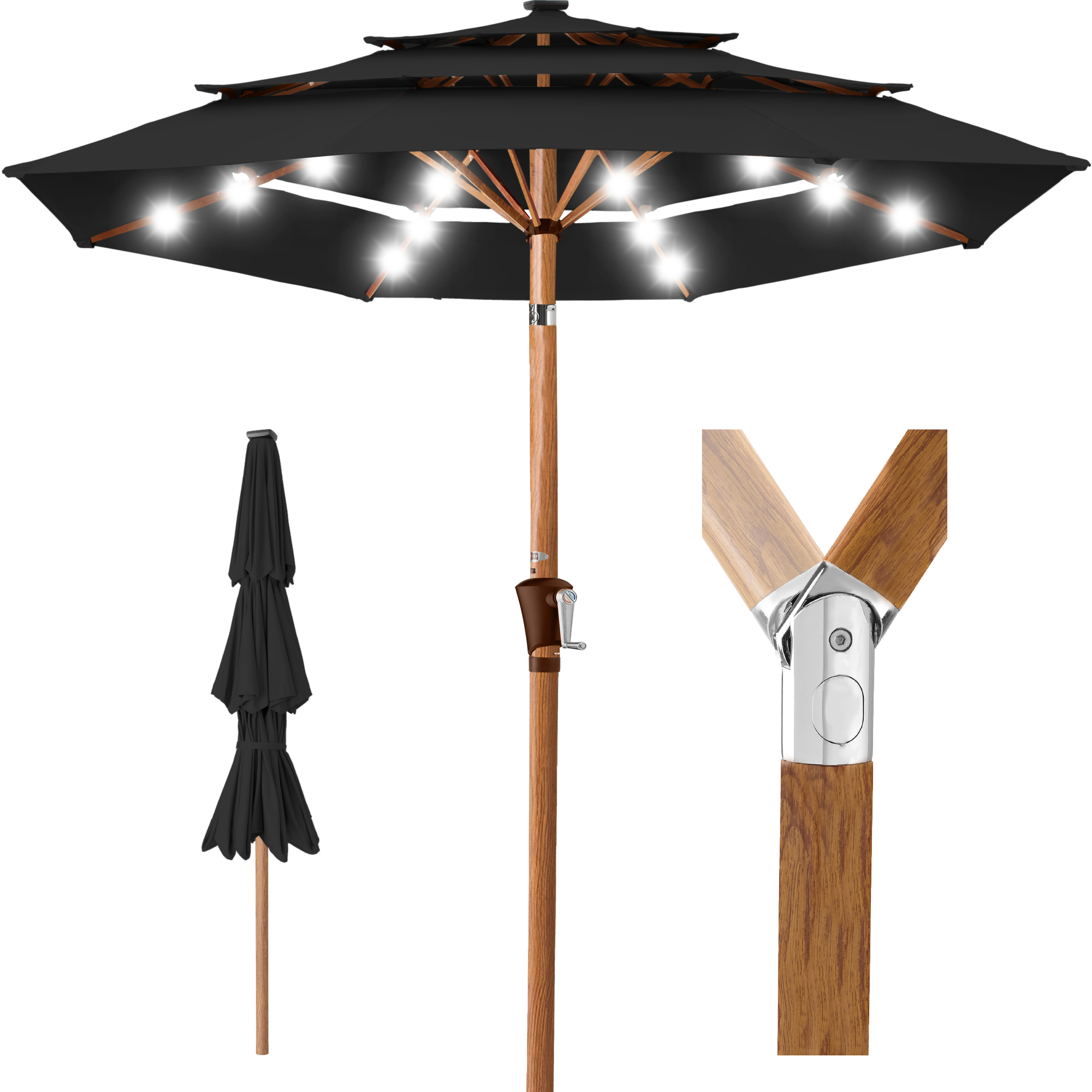 10ft Woodgrain Pattern 3-Tier Solar Patio Umbrella w/ 24 LED Lights, Tilt - Black - Best Choice Products Online