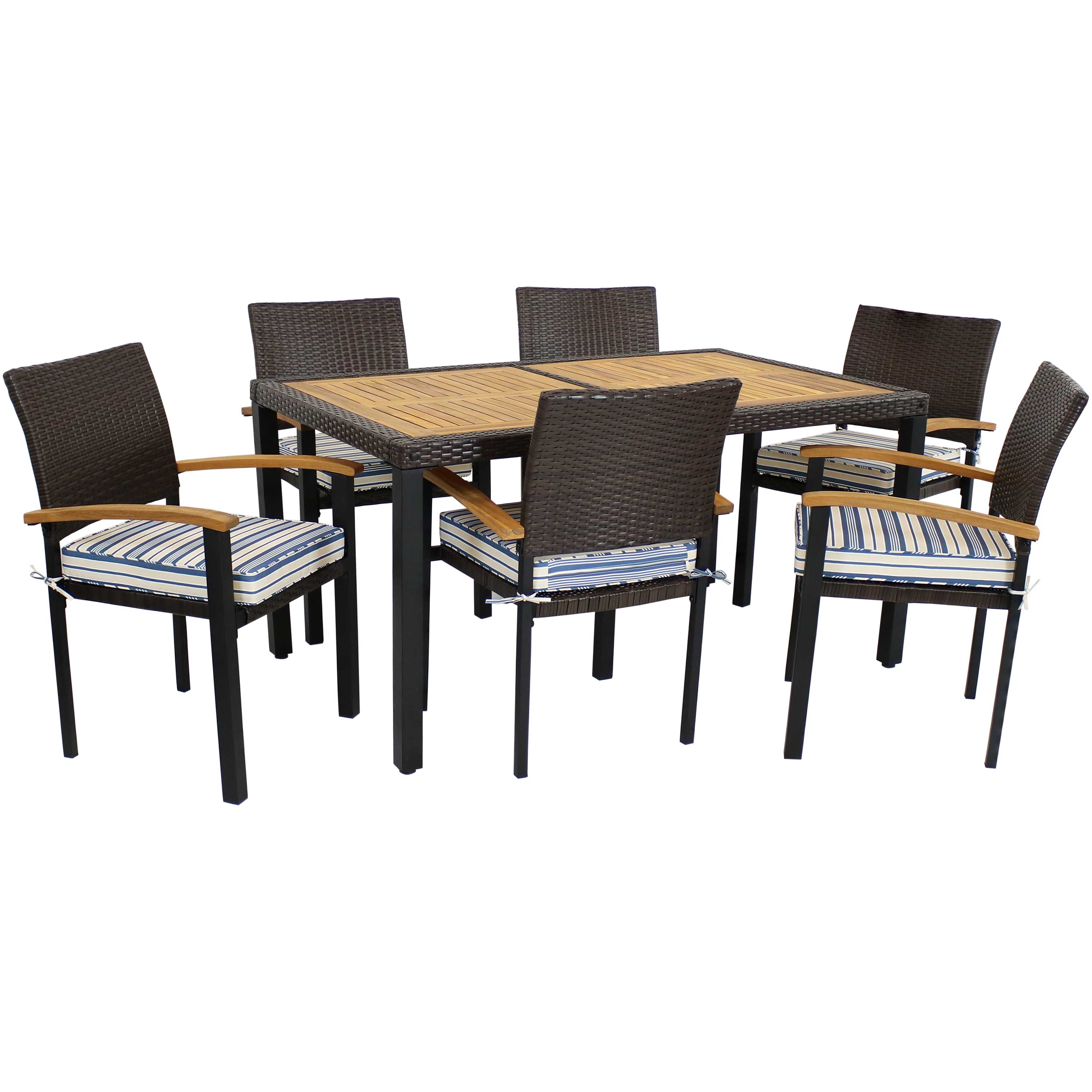 Sunnydaze Carlow 7-Piece Rattan and Acacia Patio Dining Set - Dark Brown/Blue Stripe