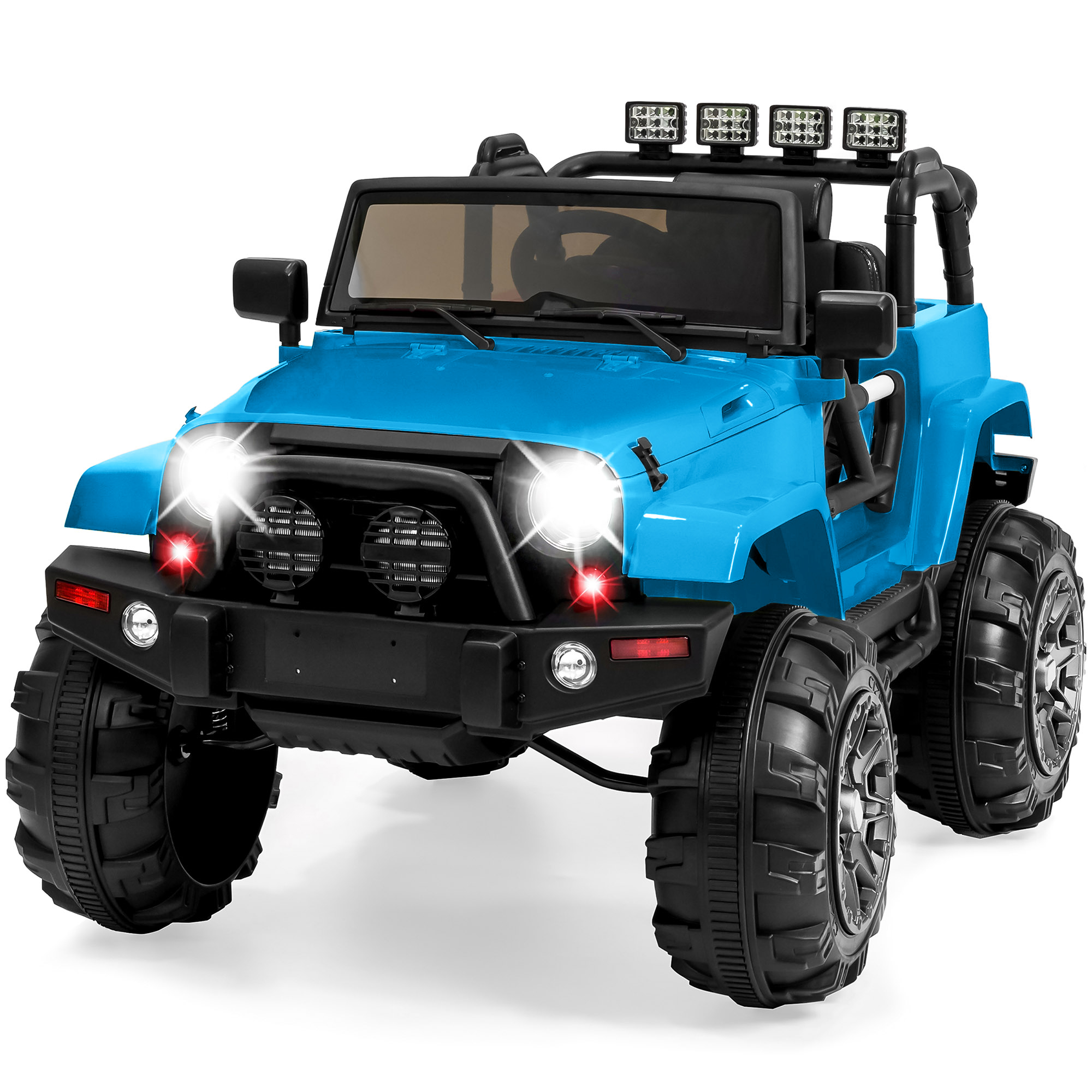 Large Ride On Truck 12V Electric Driving Car Toy For Kids w/ Parental Remote Control, Bluetooth, LED Lights - Light Blue - Best Choice Products