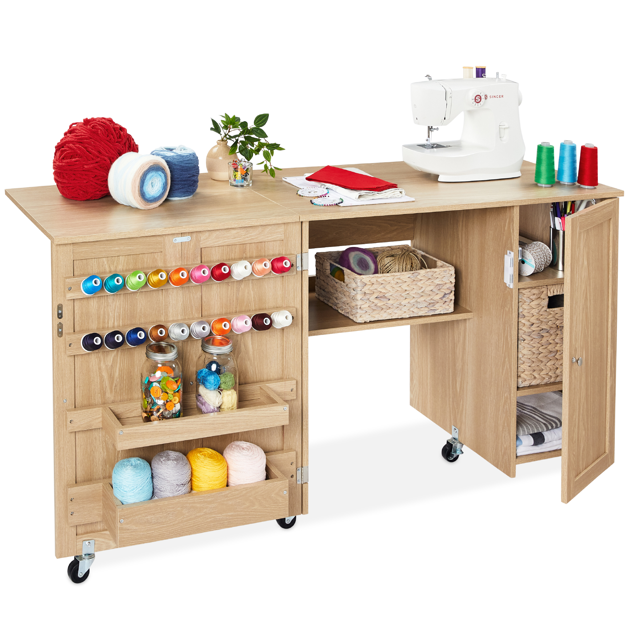 Large Portable Multipurpose Folding Sewing Table w/ Magnetic Doors, Craft Storage - Light Brown - Best Choice Products Online
