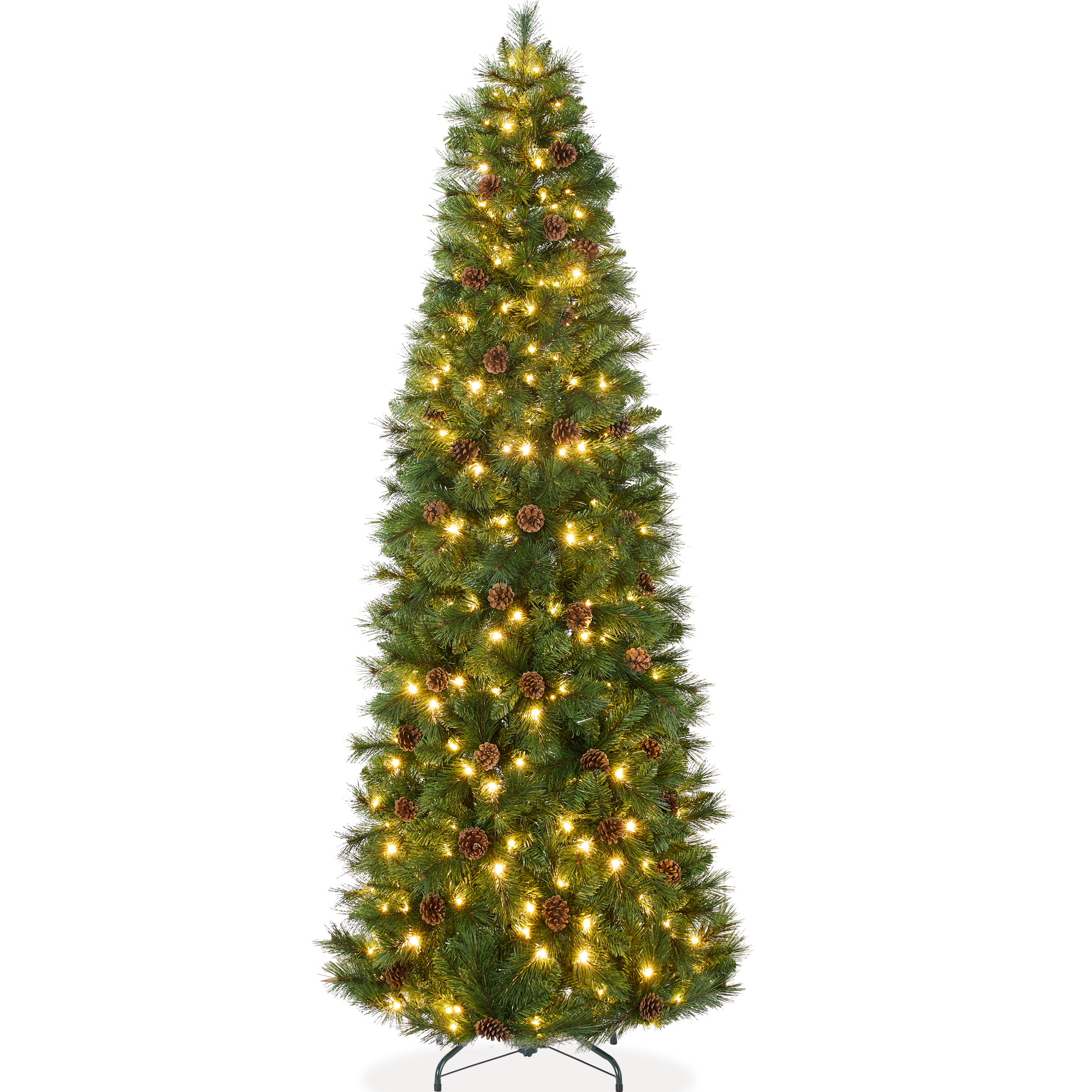 6ft Pre-Lit Artificial Scotch Pine Pencil Christmas Tree w/ 150 LED Lights, Metal Stand - Best Choice Products Online