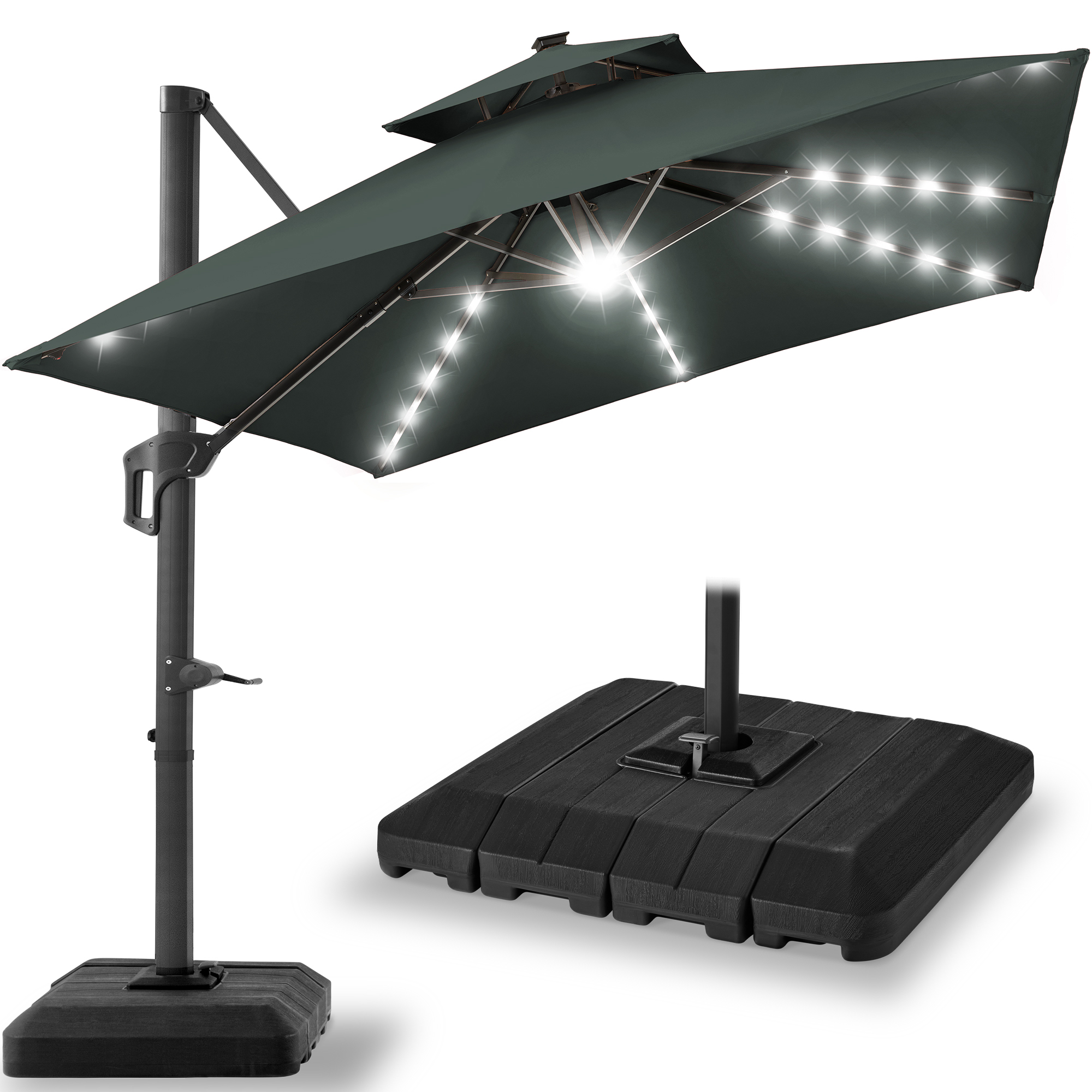 10ft 2-Tier Square Outdoor Solar LED Cantilever Patio Umbrella w/ Base Included - Slate Olive - Best Choice Products Online