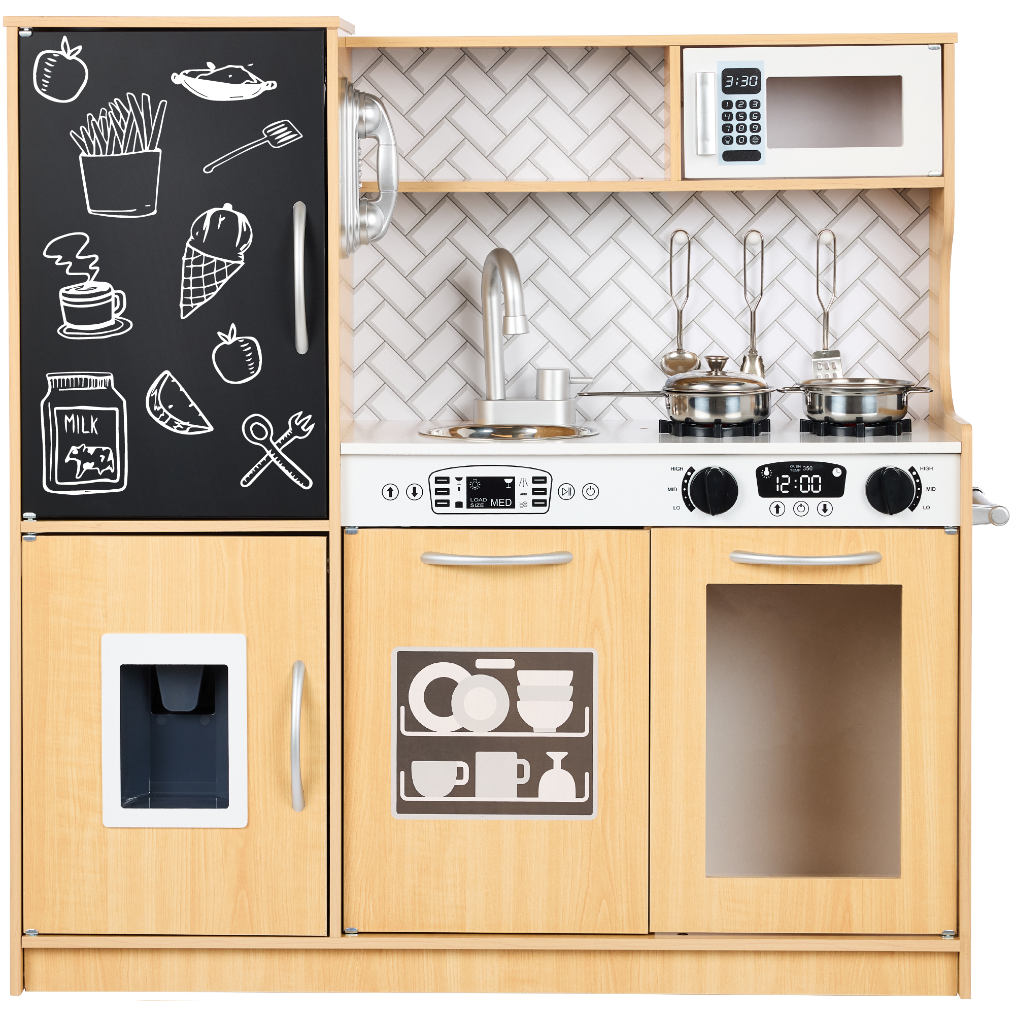 Pretend Play Kitchen Wooden Toy Set for Kids w/ Telephone, Utensils, Oven, Microwave - Natural - Best Choice Products Online