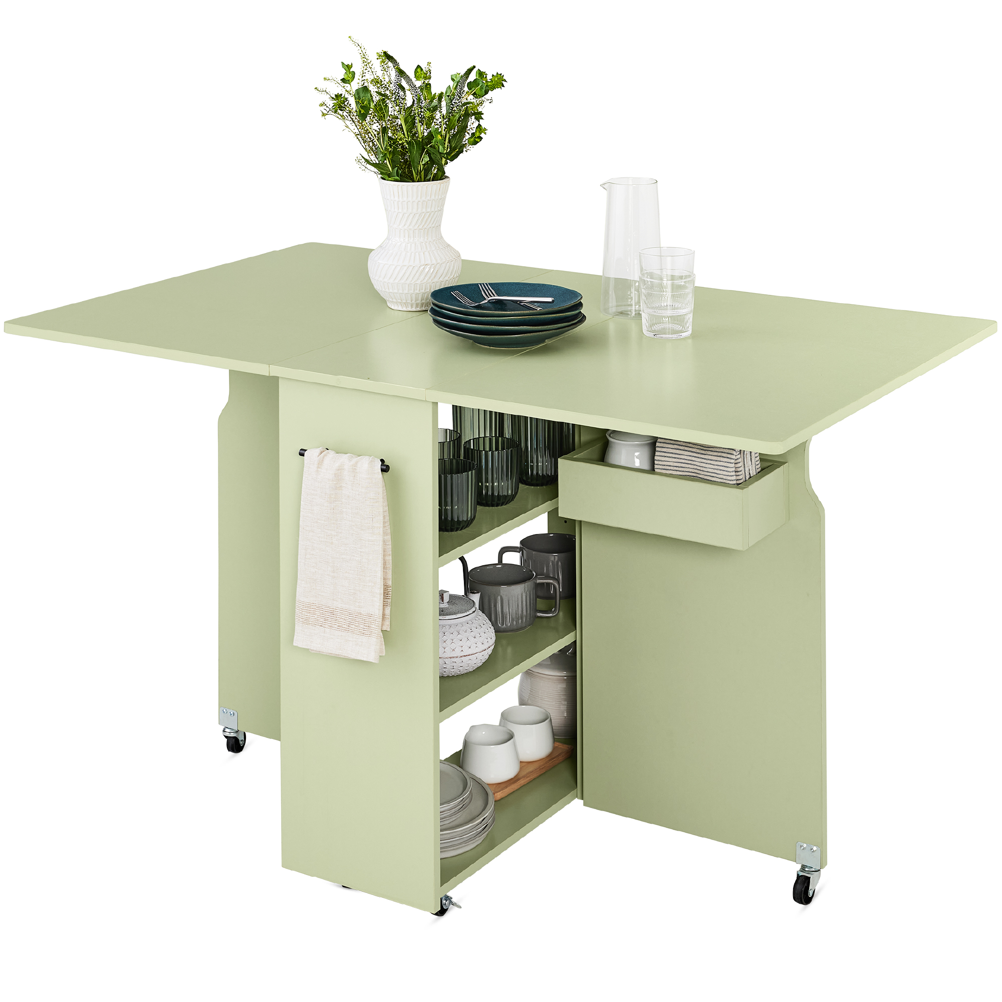 Multipurpose Folding Table w/ Built-in Wheels, 3 Storage Shelves, Cubby, Carrying Handle - Sage Green - Best Choice Products Online