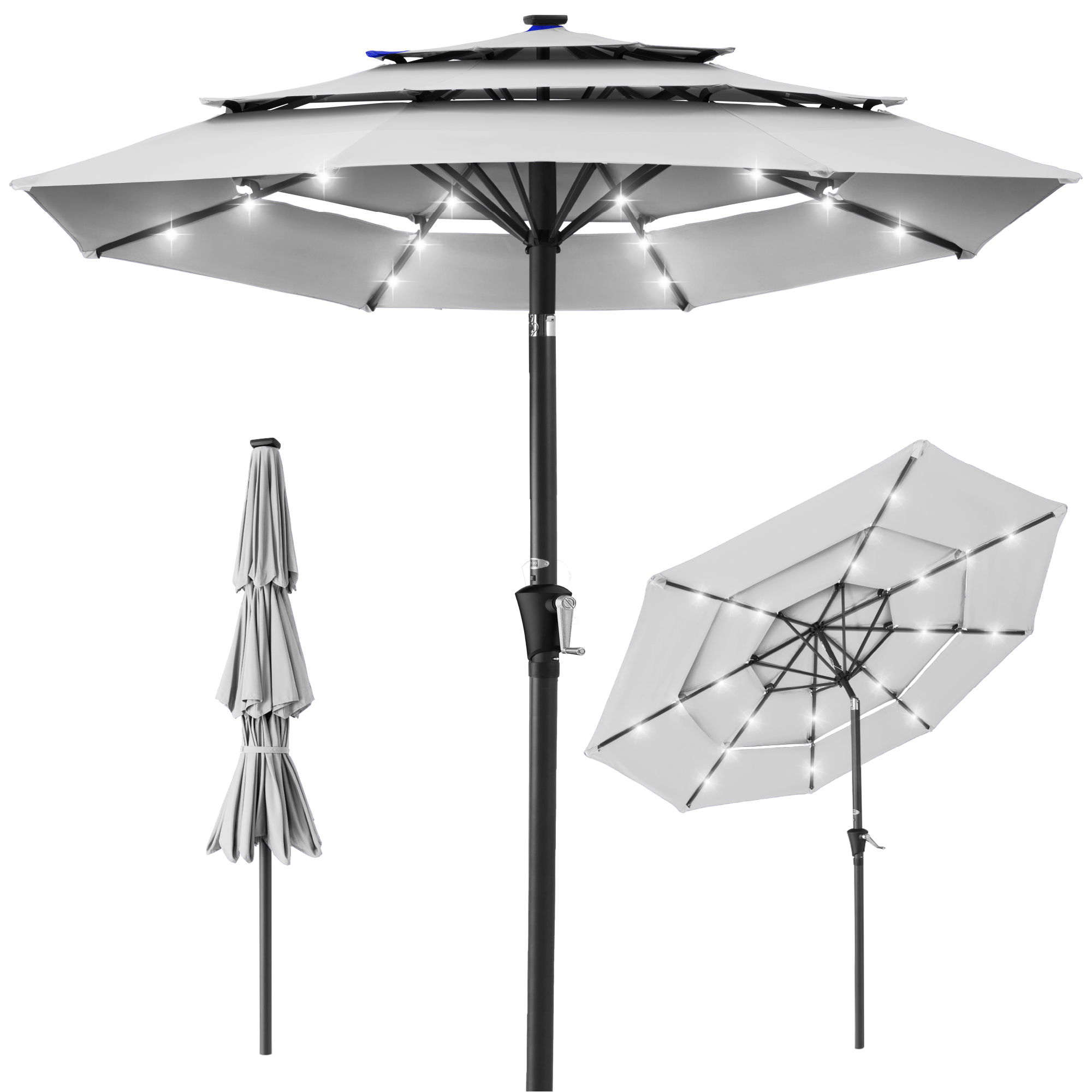 10ft 3-Tier Solar Patio Umbrella w/ 24 LED Lights, Tilt Adjustment, Easy Crank - Fog Gray - Best Choice Products Online