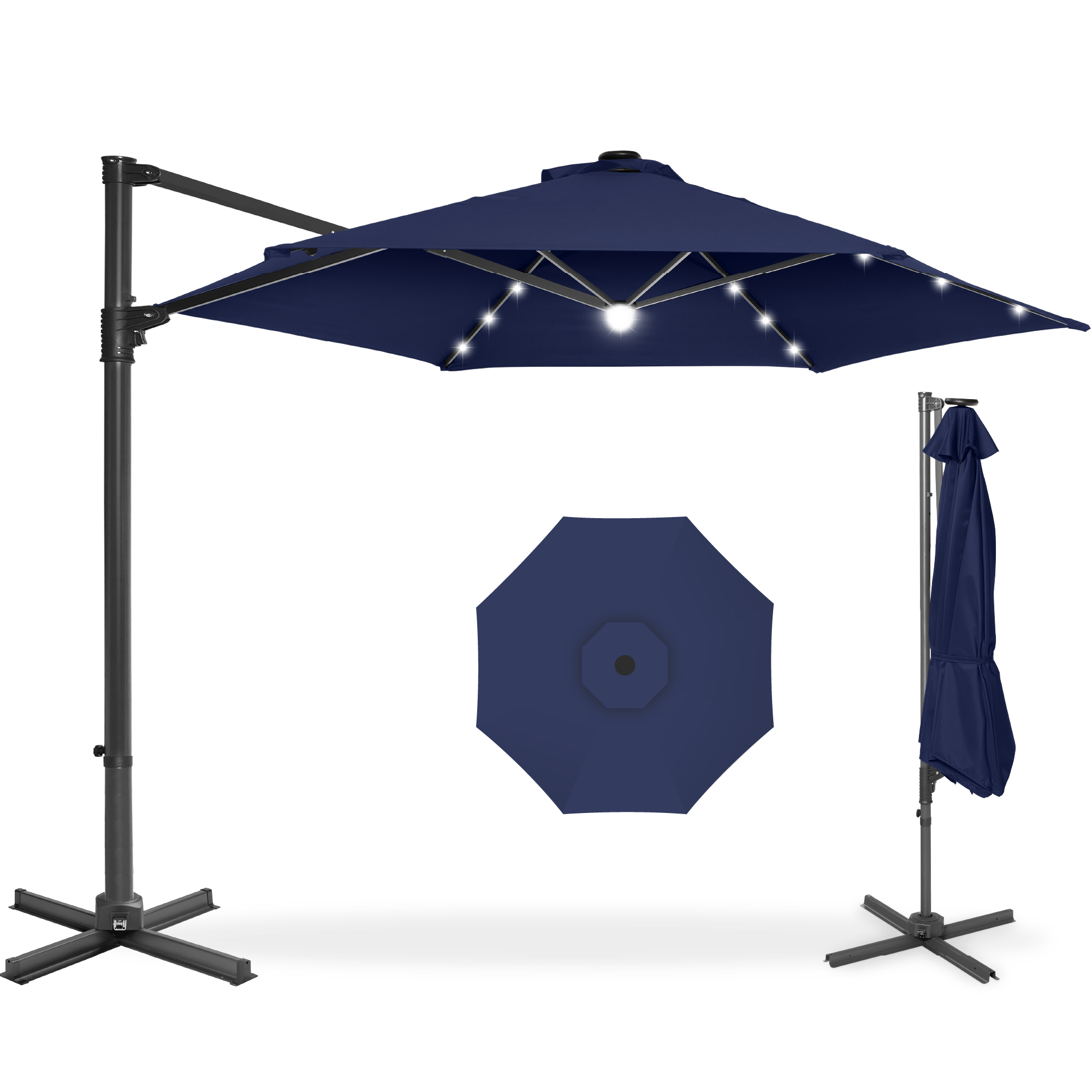 Best Choice Products 10ft 360 Rotating Cantilever Offset Hanging Market Patio Umbrella w/ Solar Lights - Navy Blue