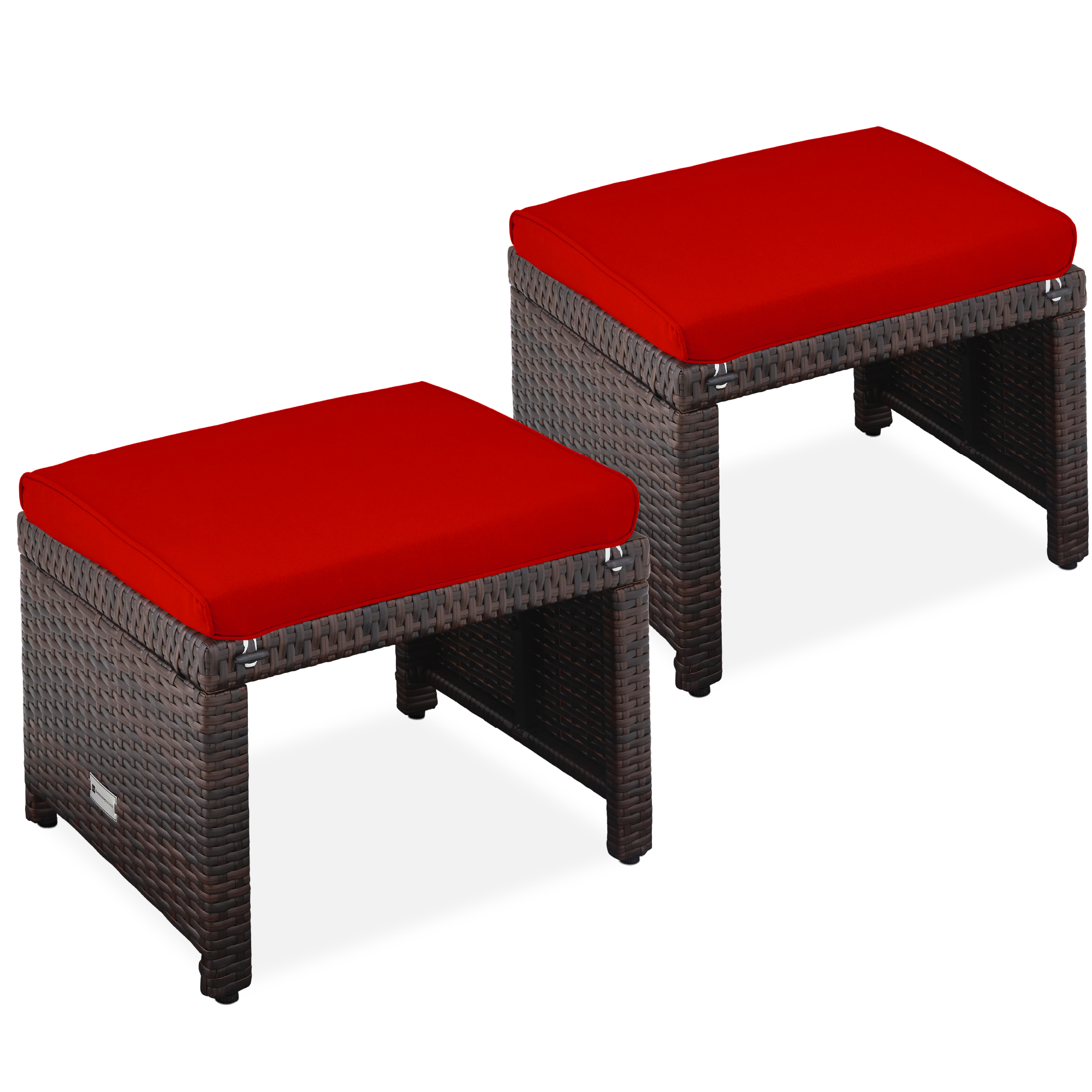 Multipurpose Patio Wicker Ottomans w/ Removable Cushions, Steel Frame, Set of 2 - Brown/Red - Best Choice Products Online