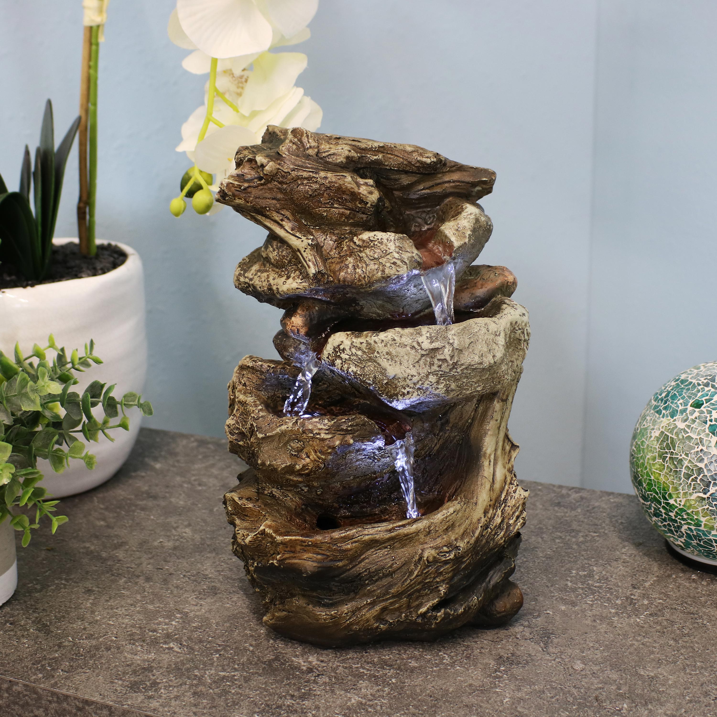 Sunnydaze Tiered Rock & Log Tabletop Water Fountain with LED Lights - 10.5-Inch