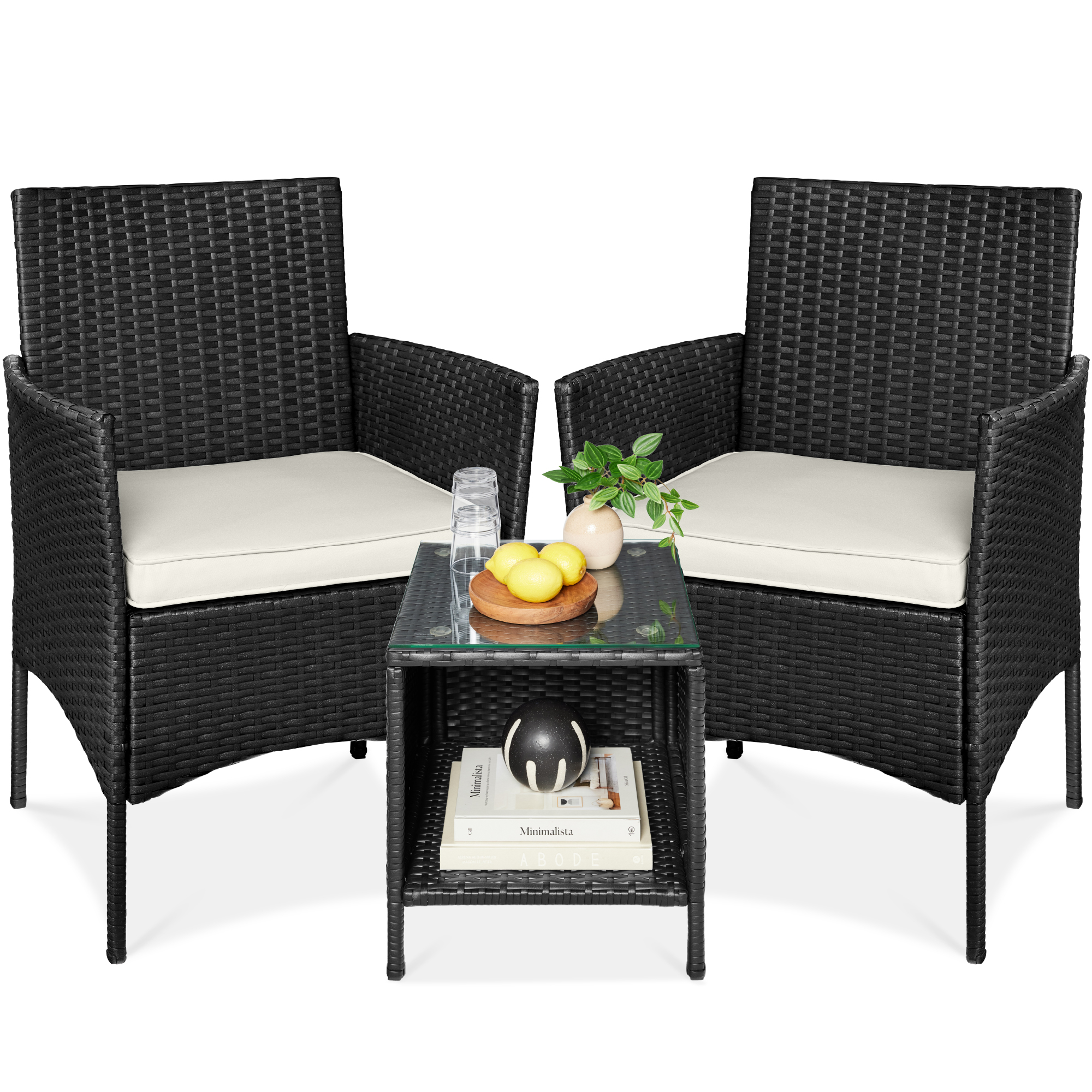 3-Piece Outdoor Wicker Conversation Bistro Set, Patio Chat Furniture w/ Side Storage Table - Black/White Sand - Best Choice Products Online