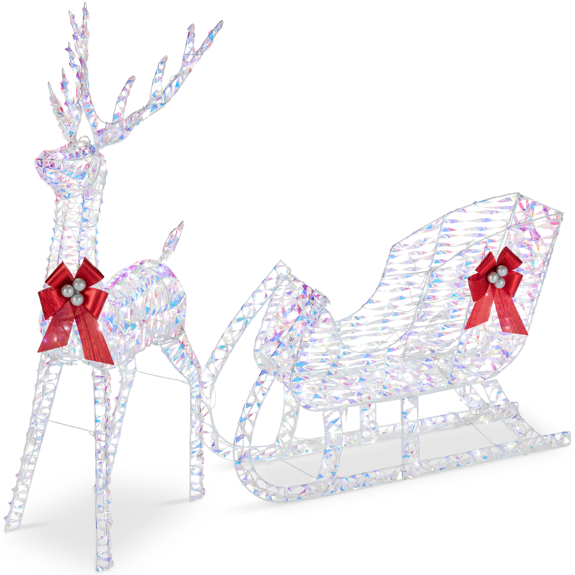Lighted Christmas 4ft Reindeer & Sleigh Outdoor Decor Set w/ 205 LED Lights, Stakes - Iridescent - Best Choice Products Online