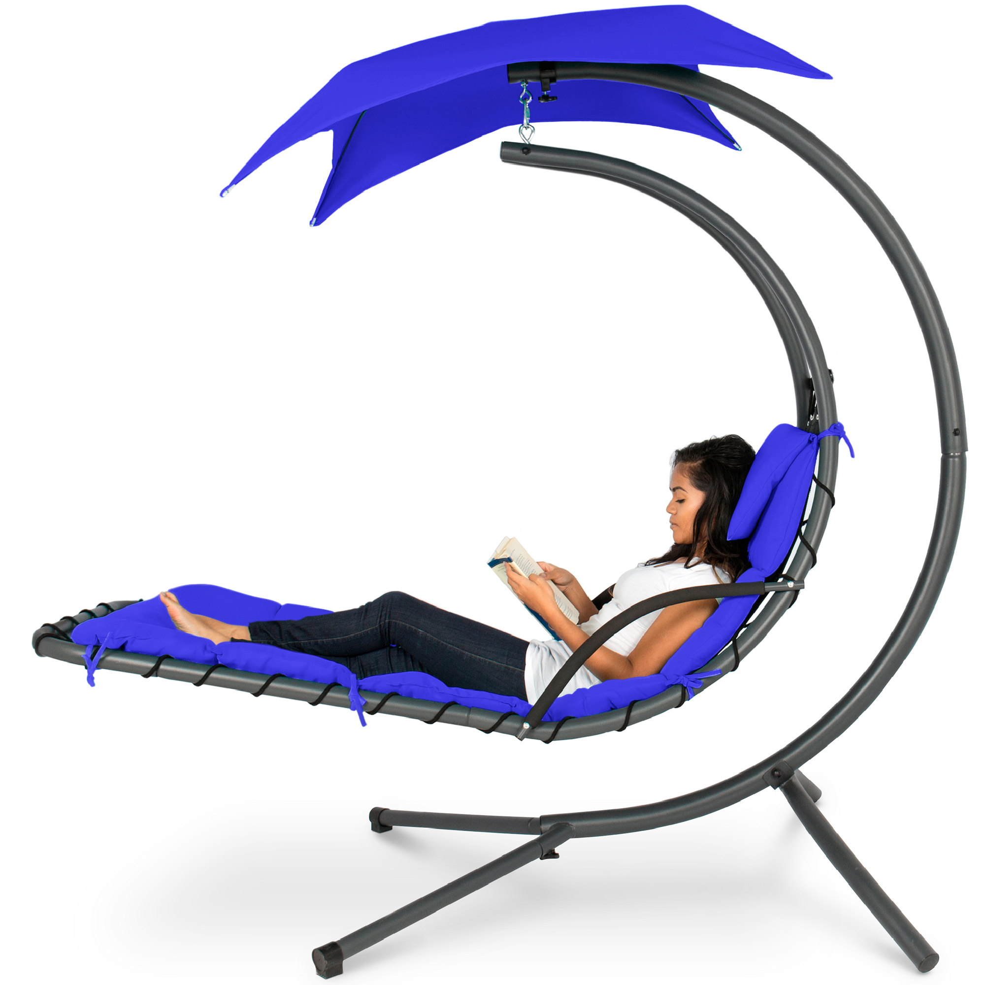 Hanging Curved Chaise Lounge Chair Swing For Backyard, Patio w/ Pillow, Canopy, Stand - Resort Blue - Best Choice Products Online
