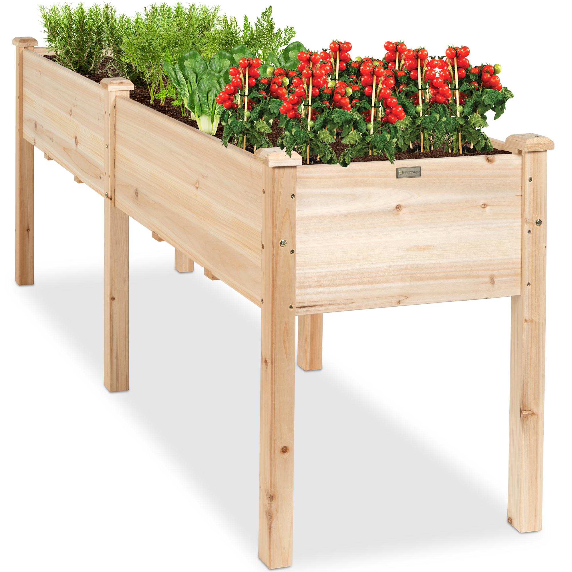 Elevated Raised Garden Bed Wood Planter Box Stand For Backyard, Garden, Patio w/ Divider Panel, 72x23x30in - Natural - Best Choice Products Online