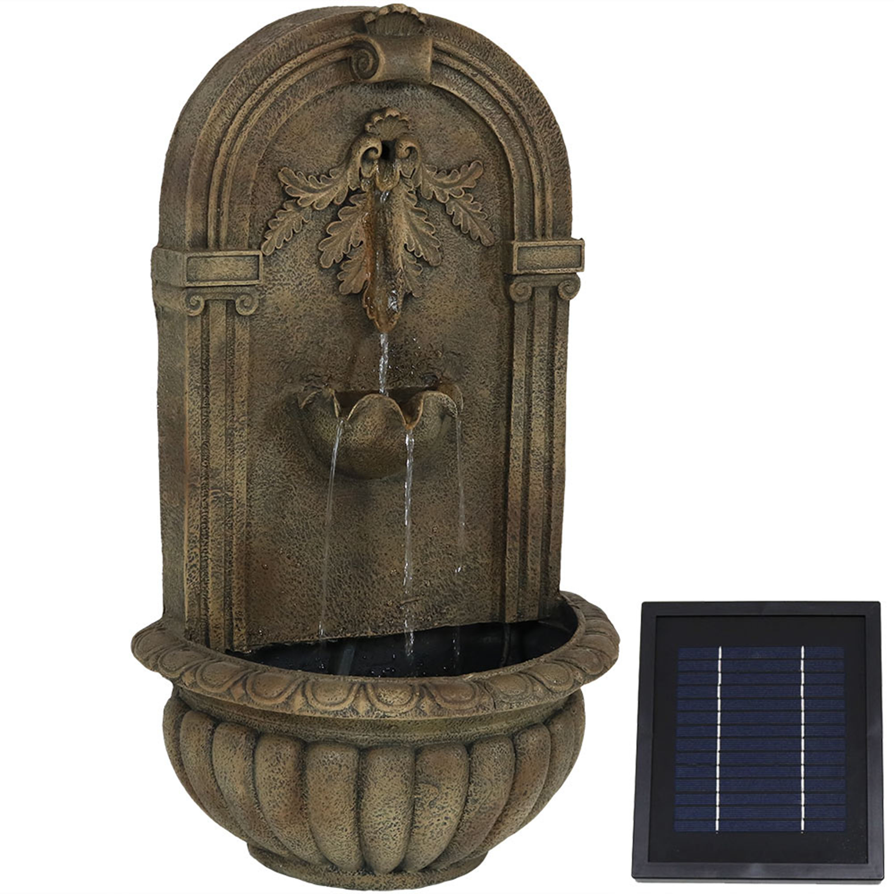 Sunnydaze Florence Solar Garden Outdoor Wall Fountain with Solar Pump and Panel, Florentine, Solar with Battery Backup Feature