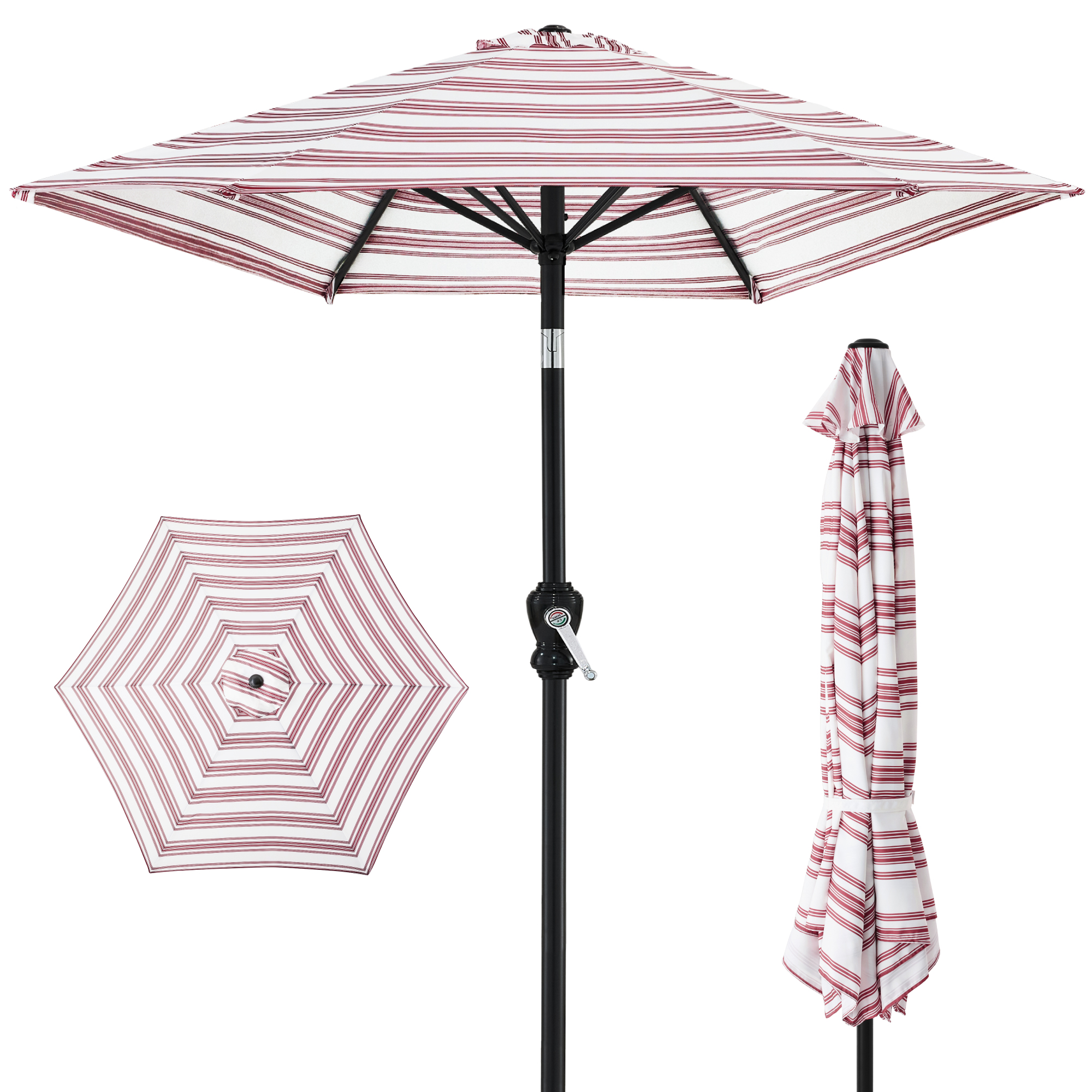 10ft Outdoor Steel Market Patio Umbrella w/ Crank, Tilt Push Button, 6 Ribs - Striped Burgundy - Best Choice Products Online