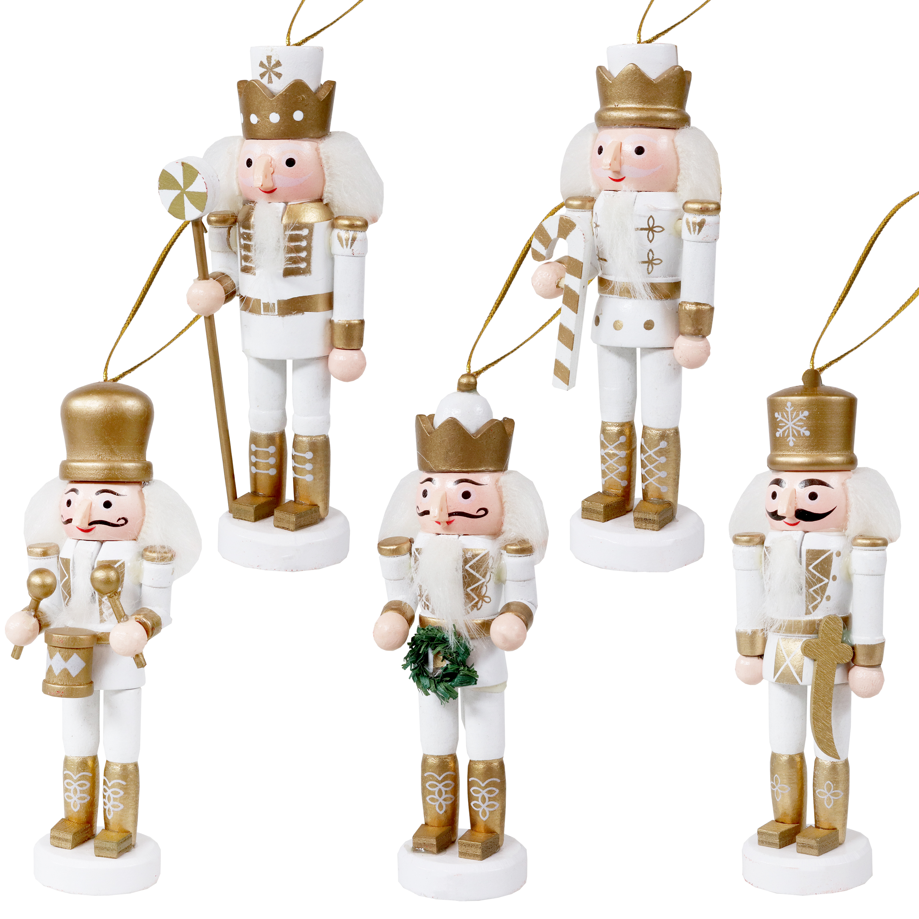 Sunnydaze Nutcracker 5-Piece Christmas Hanging Ornament Set - White and Gold