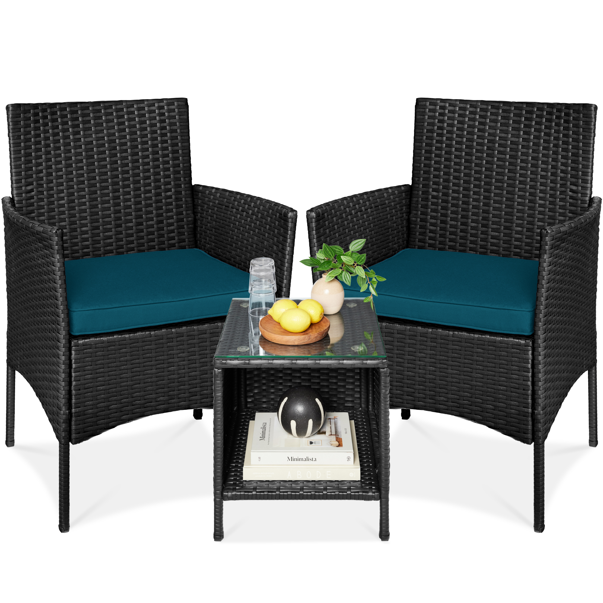 3-Piece Outdoor Wicker Conversation Bistro Set, Patio Chat Furniture w/ Side Storage Table - Black/Peacock - Best Choice Products Online