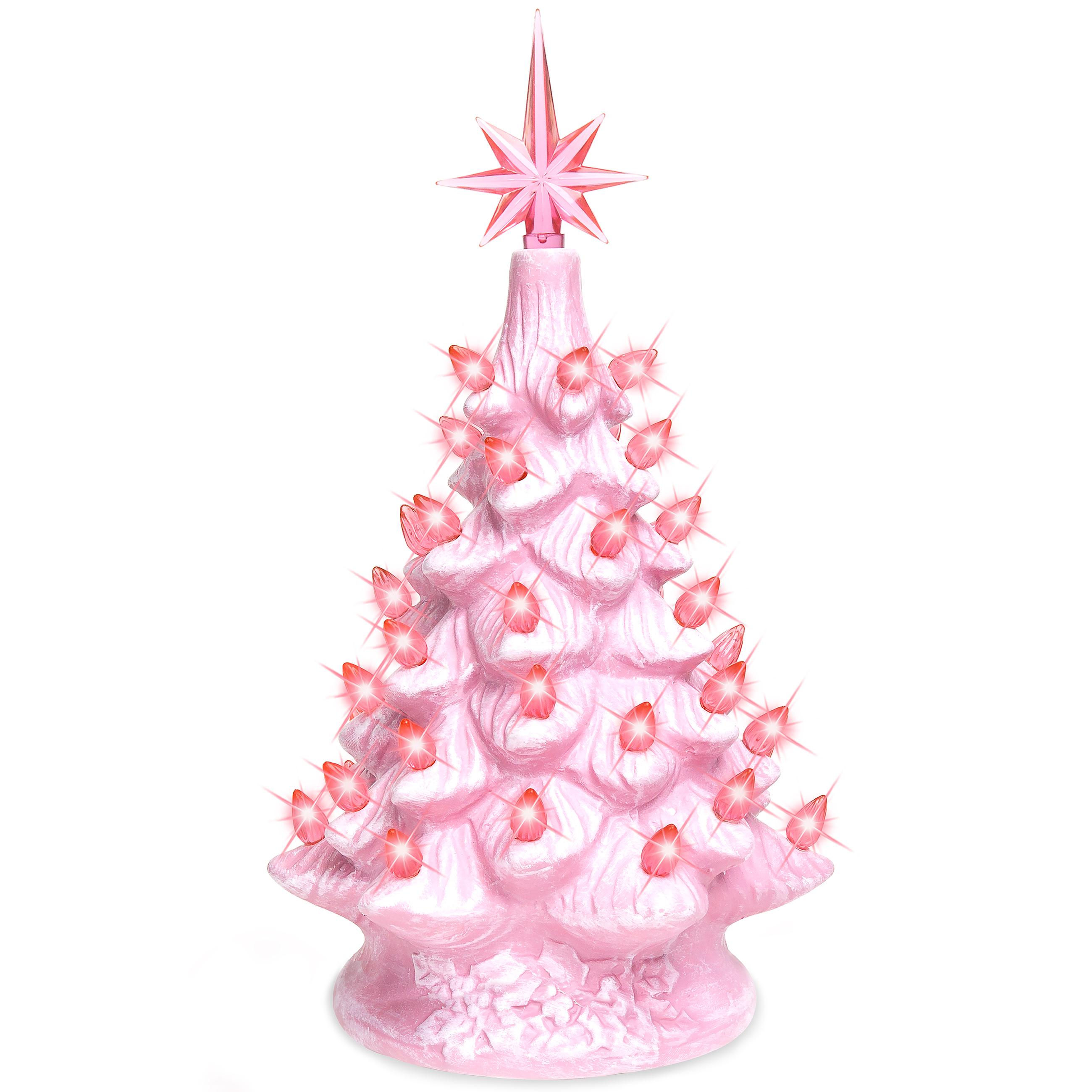 Ceramic Trees 11in - Christmas Tree Pre-Lit Hand-Painted Ceramic Tabletop Decoration, Nostalgic Vintage, w/ Lights, Star Topper - Pink