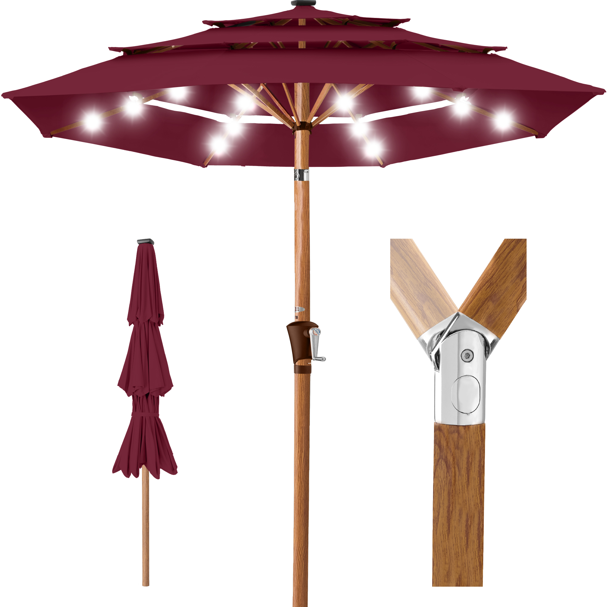 10ft Woodgrain Pattern 3-Tier Solar Patio Umbrella w/ 24 LED Lights, Tilt - Burgundy - Best Choice Products Online