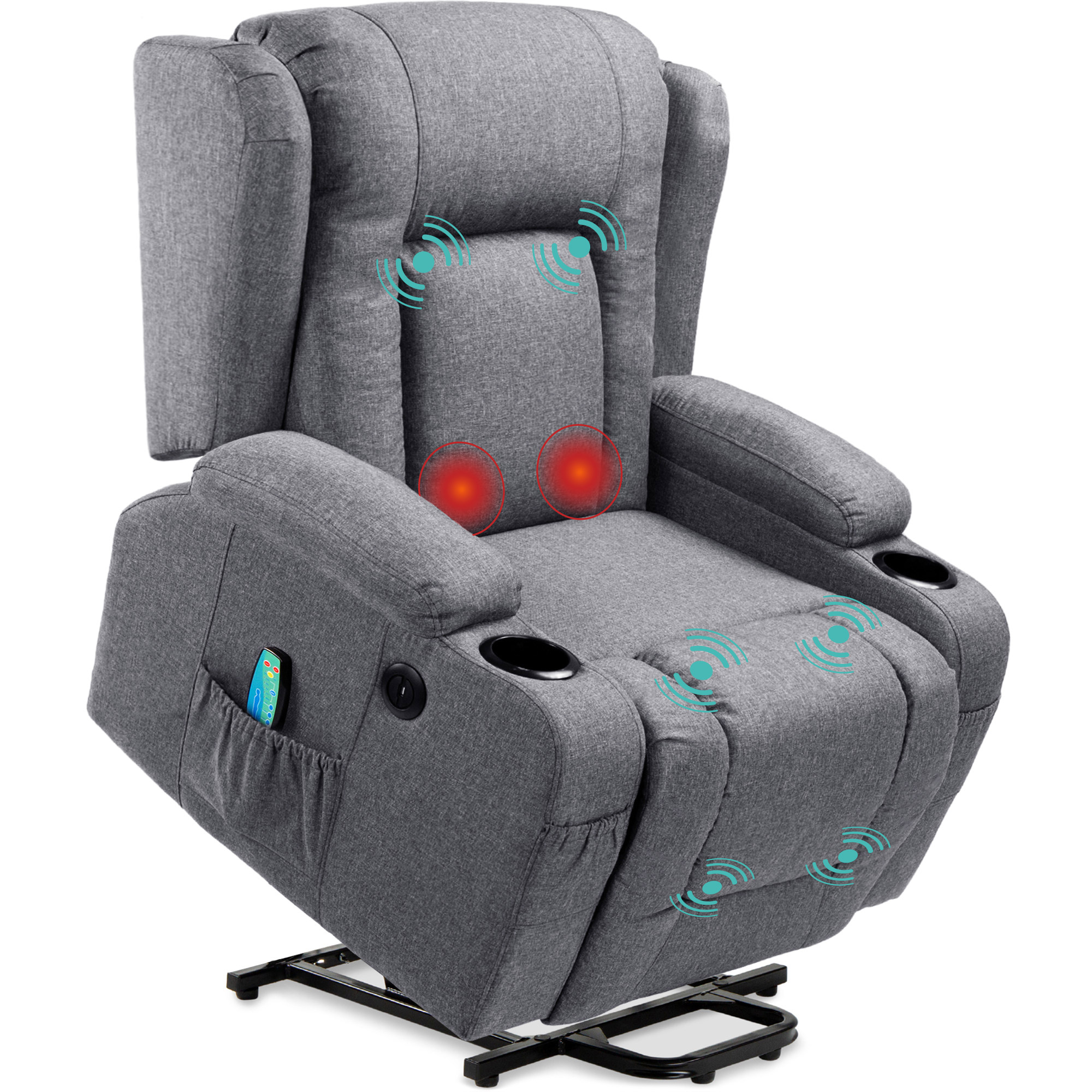 Electric Power Lift Linen Recliner Massage Chair Furniture w/ USB Port, Heat, Cupholders - Gray - Best Choice Products Online