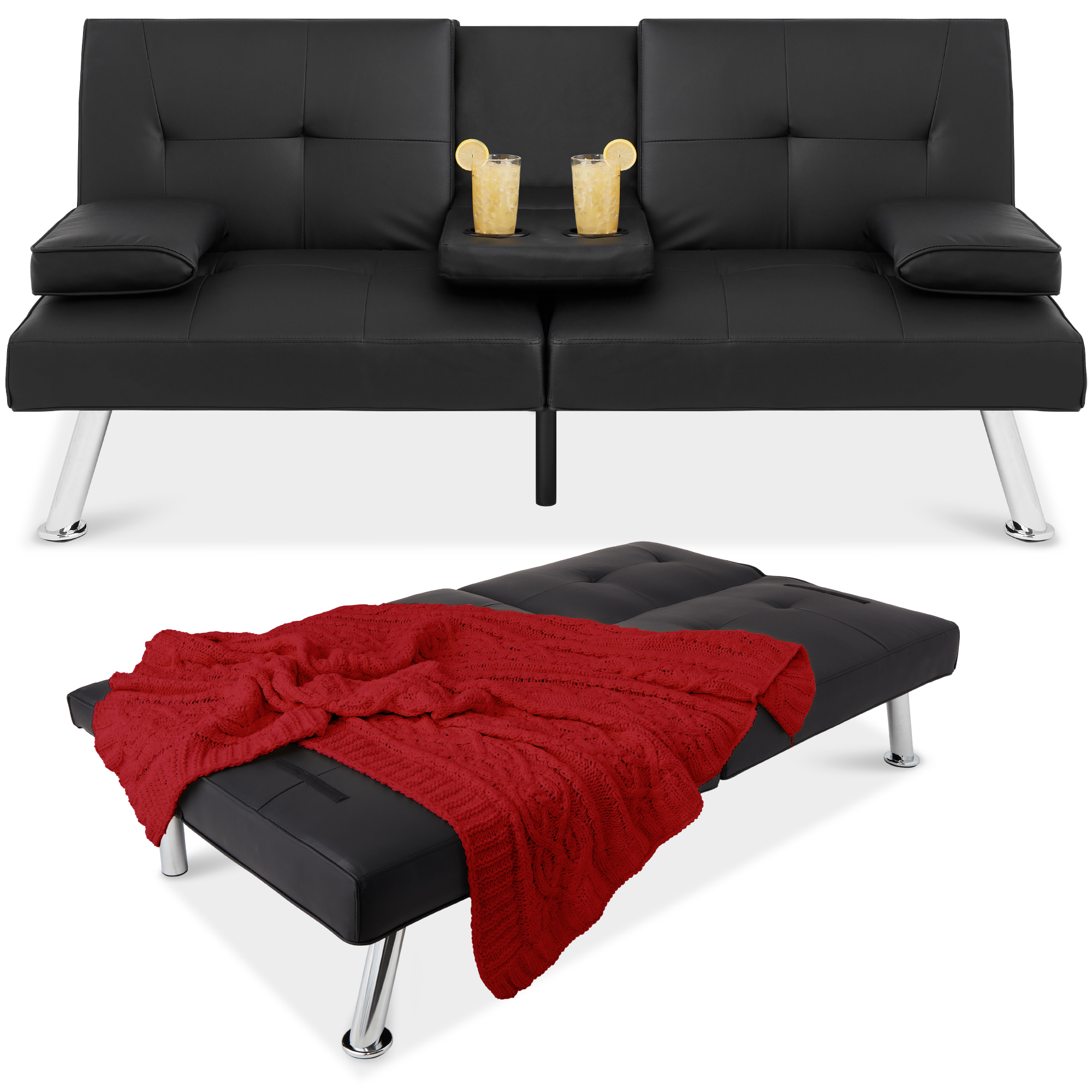Modern Faux Leather Convertible Futon Sofa w/ Removable Armrests, 2 Cupholders - Black - Best Choice Products Online