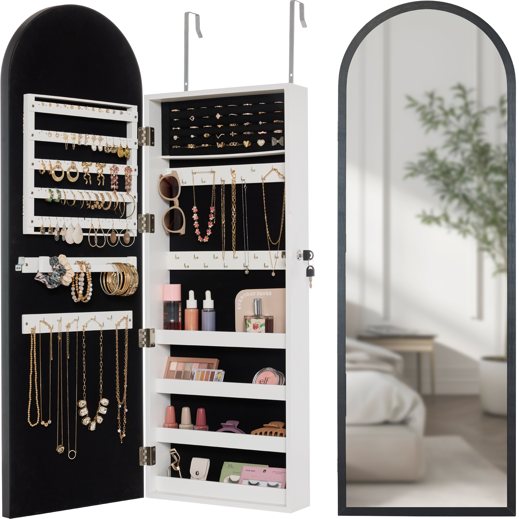 Door/Wall Mounted Arch Mirror Jewelry Armoire, w/ Metal Frame, Lockable Door - Black - Best Choice Products Online