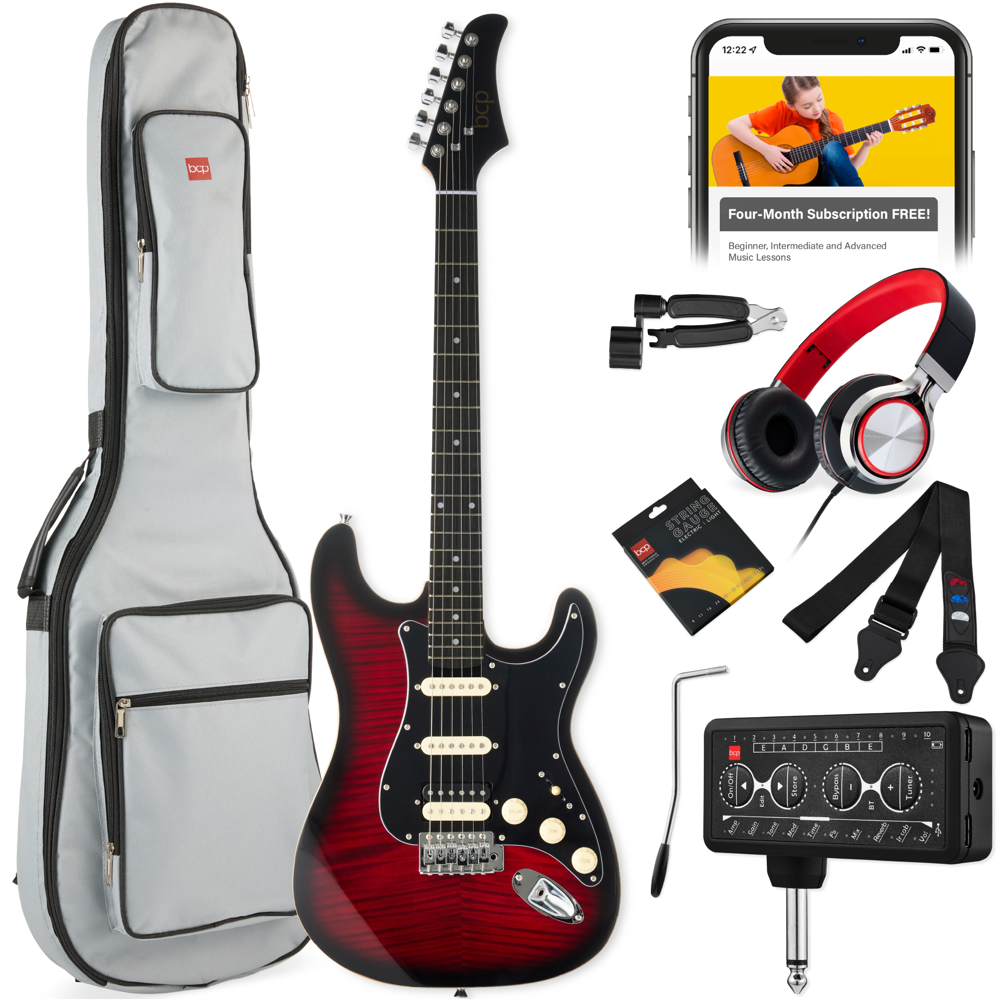 Beginner HSS Electric Guitar Kit w/ Headphone Amp, Gig-Bag, Headphones - Red Flametop/Black - Best Choice Products Online