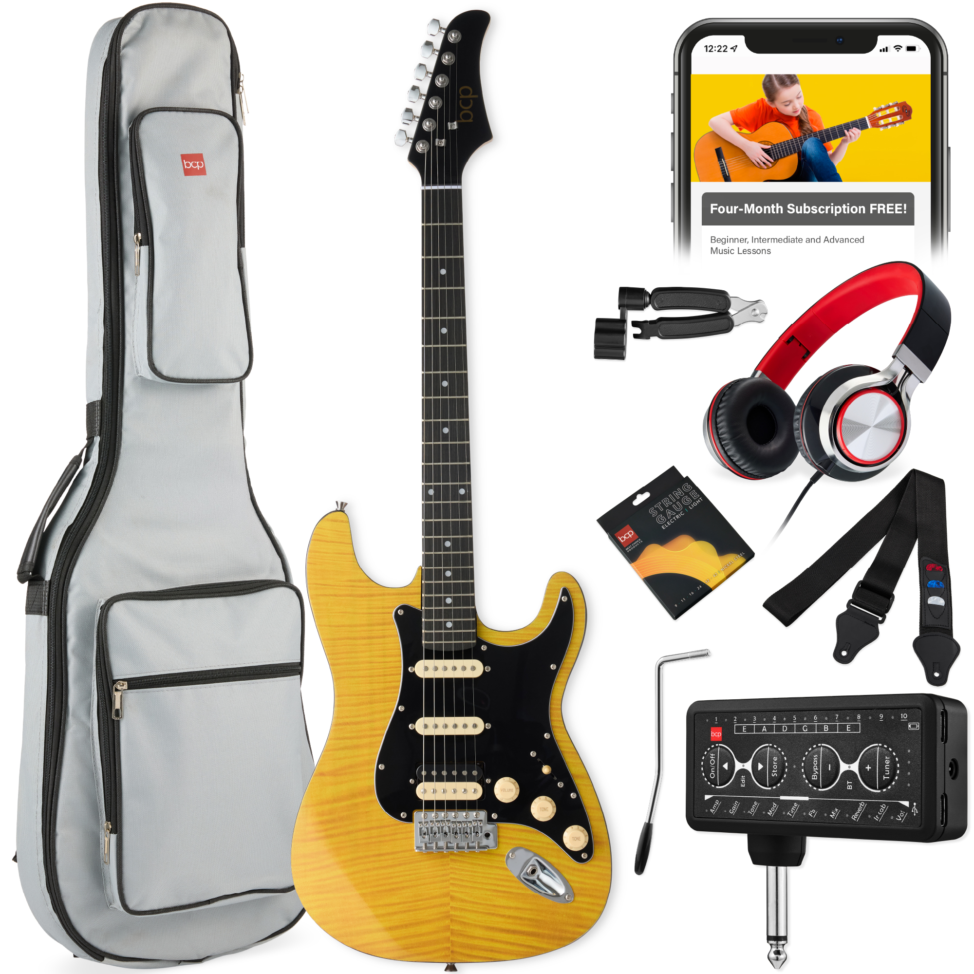 Beginner HSS Electric Guitar Kit w/ Headphone Amp, Gig-Bag, Headphones - Natural Flametop/Black - Best Choice Products Online